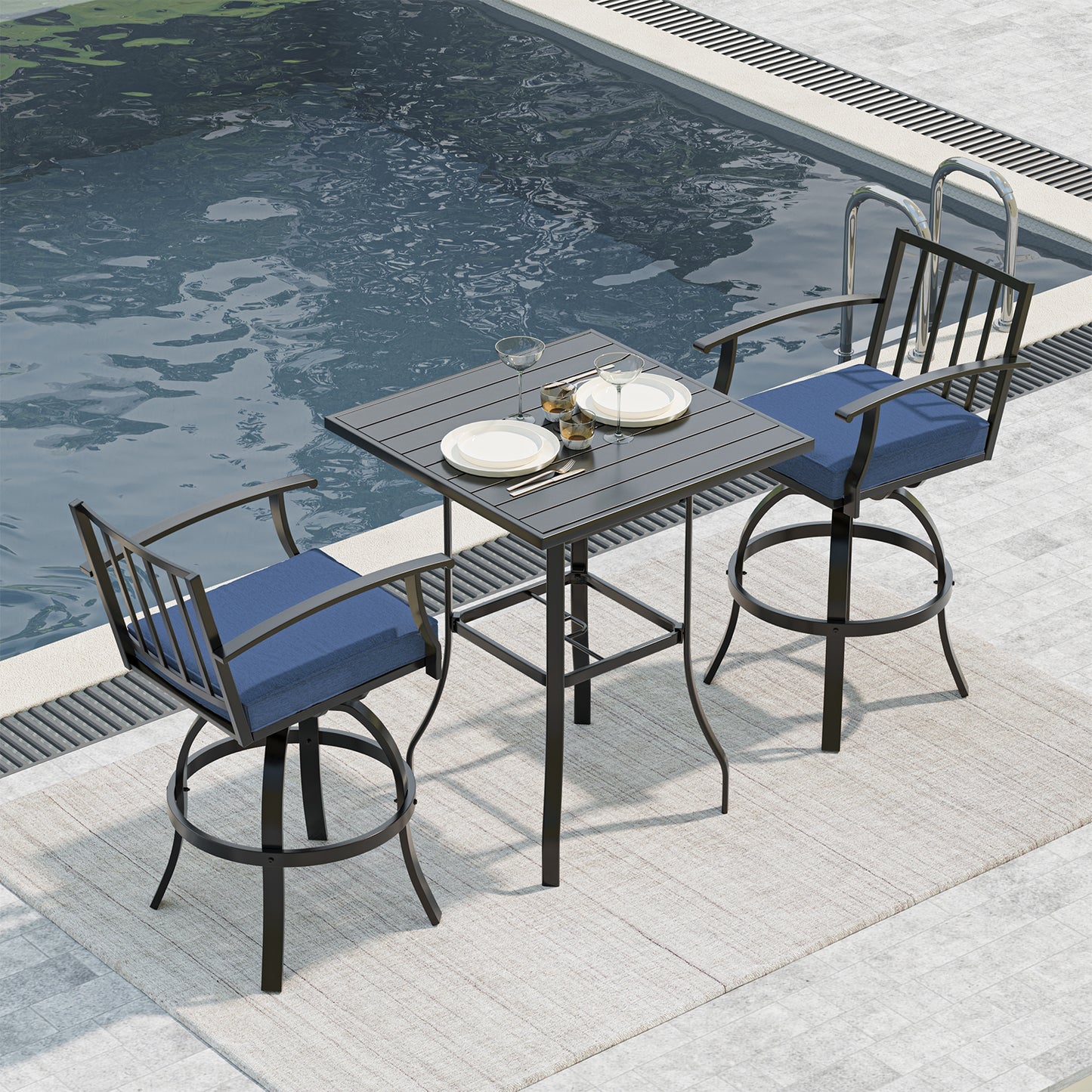 Gotland 3 Pieces Outdoor Swivel Bar Stools Set, All Weather Metal High Top Bistro Set Bar Height Table,High Top Bistro Stools with Sturdy Framewith 2 Chairs for Deck Lawn Garden,Sand