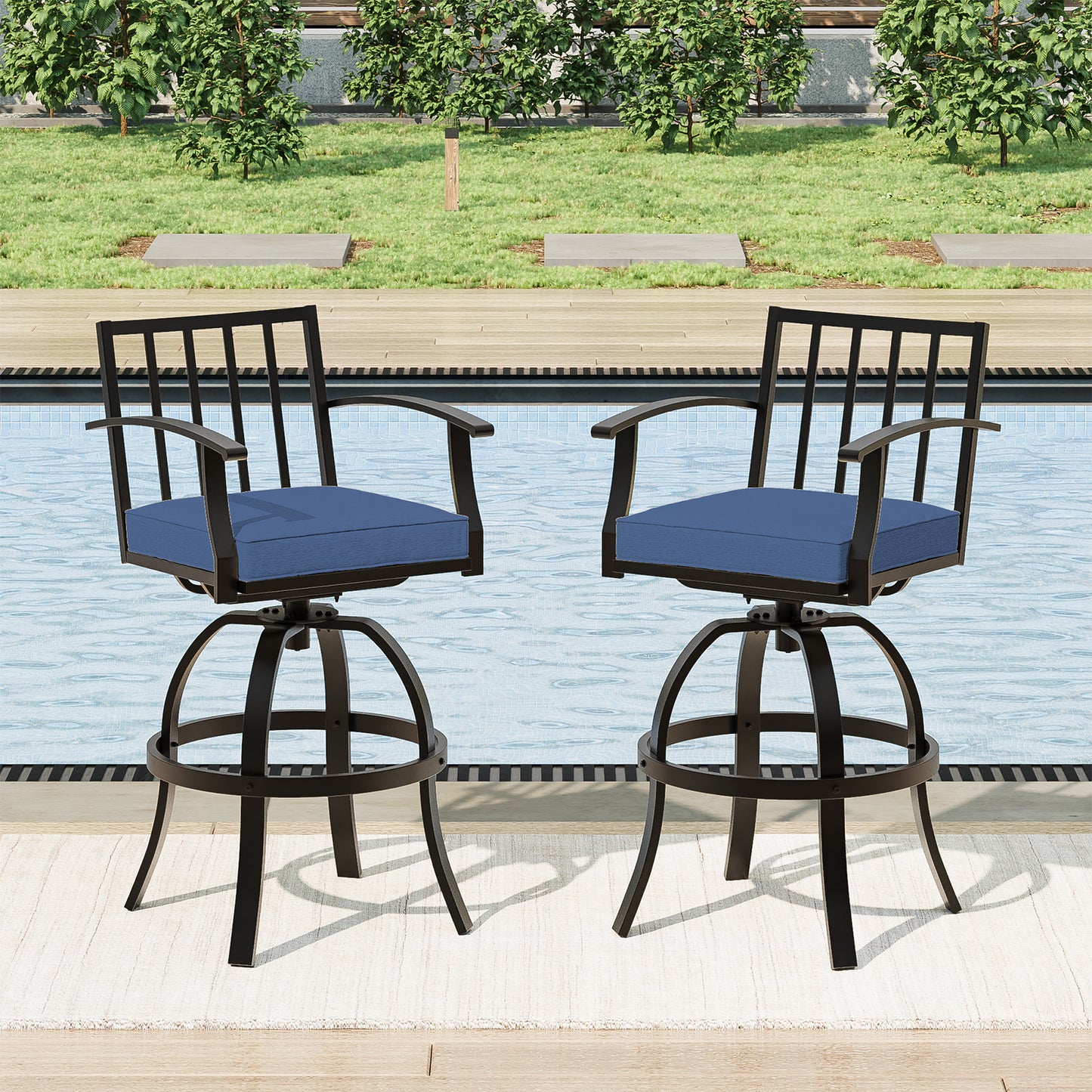 Gotland 2 Pieces Outdoor Swivel Bar Stools All Weather Metal Patio Bar Height Chairs, High Top Bistro Stools with Sturdy Frame for Lawn Garden Balcony Pool Backyard Deck Furniture