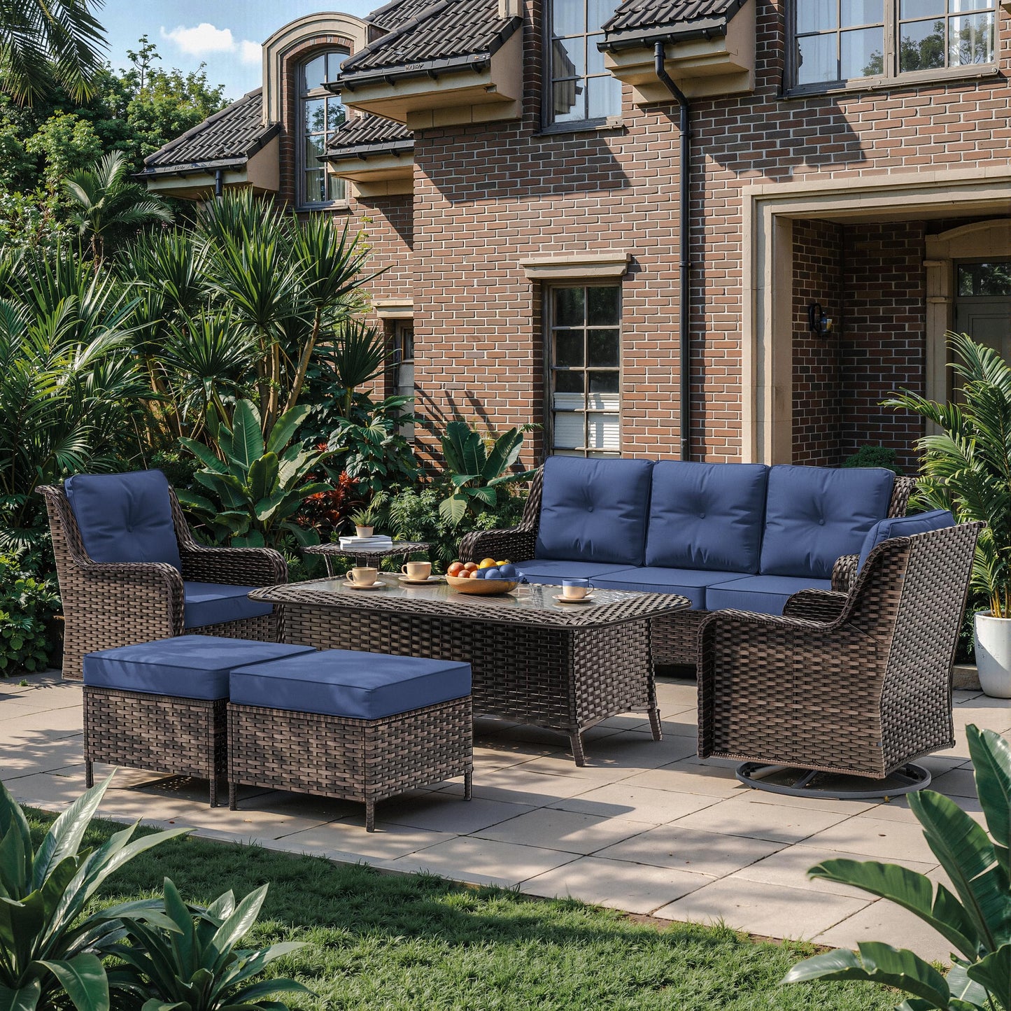 ALAULM 7 Pieces Patio Furniture Set,All-Weather Wicker High Back Outdoor Swivel Rocker Patio Chairs with Coffee Table & Thick Cushions,Paito Conversation Set for Porch,Deck