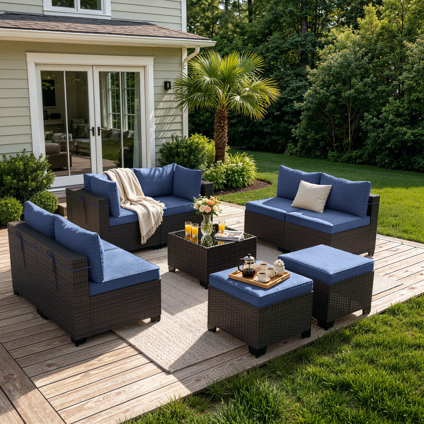 ALAULM 9PCS Outdoor Conversation Set, Thick Backrest Patio PE Rattan Wicker Sectional Sofas with Ottoman for Backyard, Porch, Sand