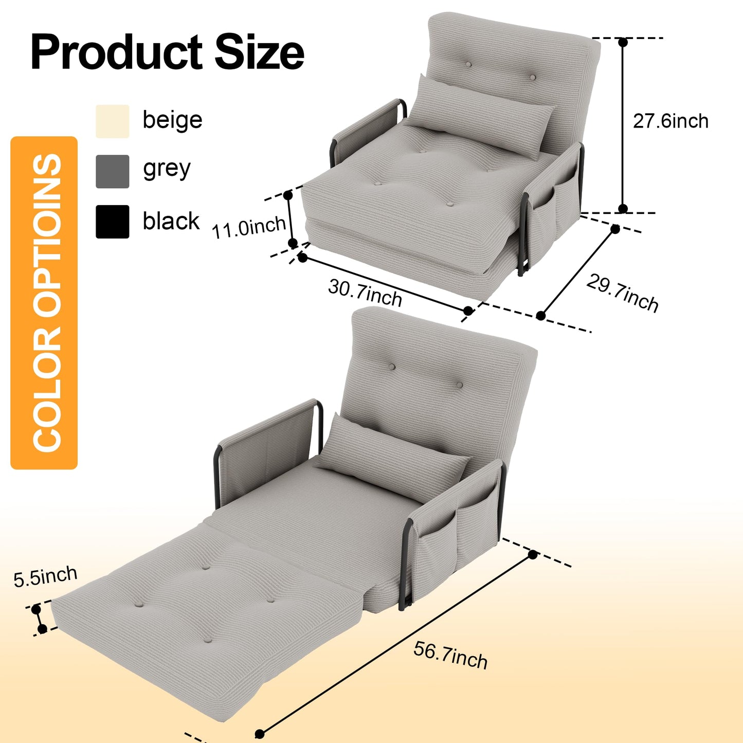 ALAULM Modern Two-Seater Folding Sofa Bed Convertible Sleeper Couch with Pillows, Storage Side, Versatile Floor Couch for Living Room Bedroom, White | Foldable, Comfortable, Multiple Usage