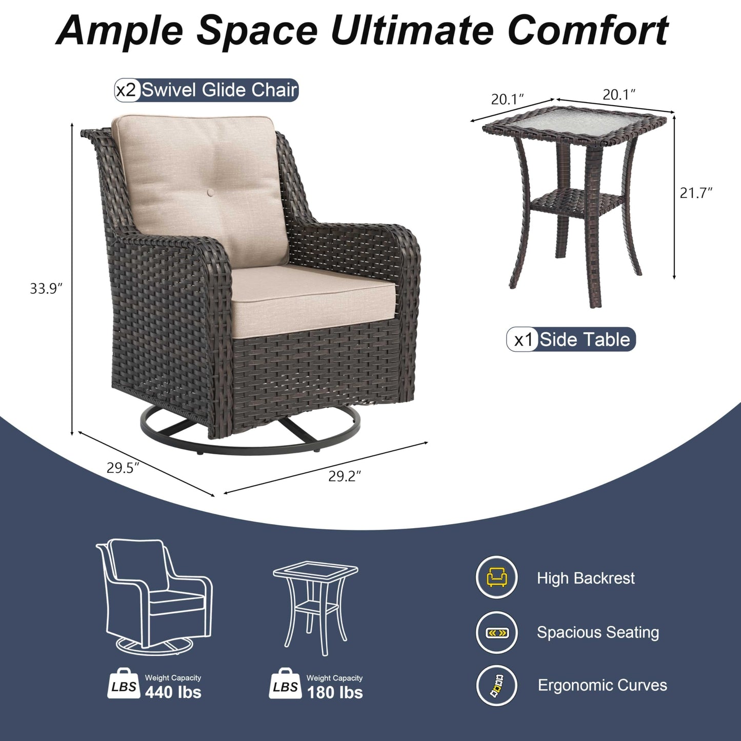 ALAULM 3-Piece Patio Furniture Set, Outdoor Thick Wicker High Back Sectional Sofa Couch with 2 Swivel Chairs, All-Weather Wicker Outdoor Conversation Set for Backyard, Porch, Deck