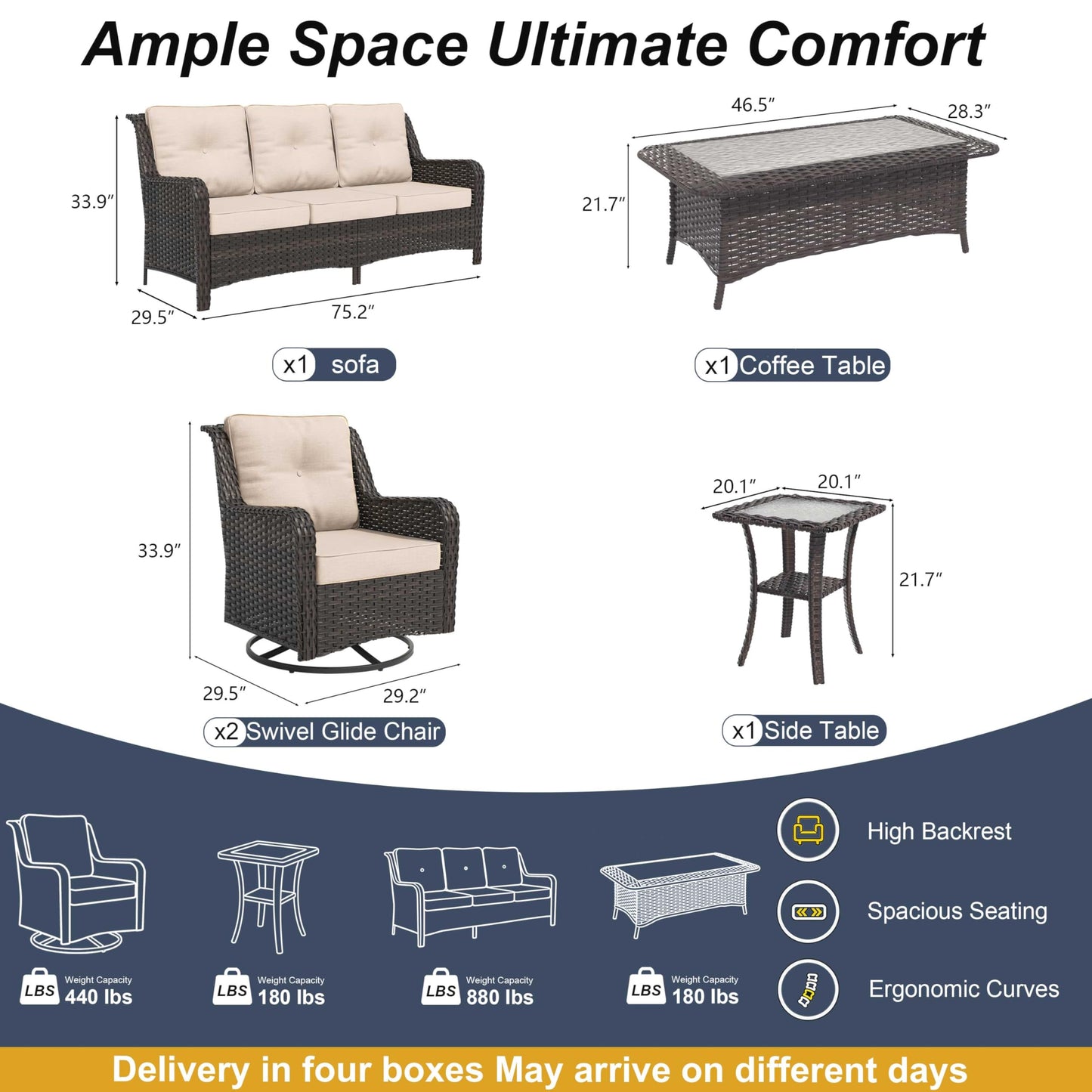 ALAULM 5-Piece Patio Furniture Set, Outdoor Thick Wicker High Back Sectional Set with 3-Seater Sofa, Swivel Chairs and Square Coffee Table for Yard Patio