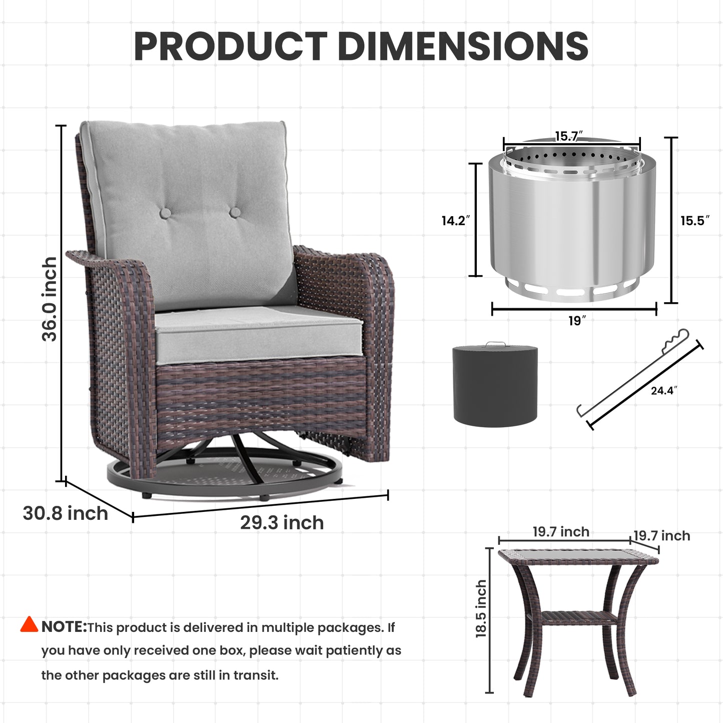ALAULM 3PCS Outdoor Conversation Sets with 19" Smokeless Stove, Outdoor Swivel Glider Chair with Glass Top Side Table, Fire Pit Comes with Waterproof Cover and Fire Poker, for Porch Backyard
