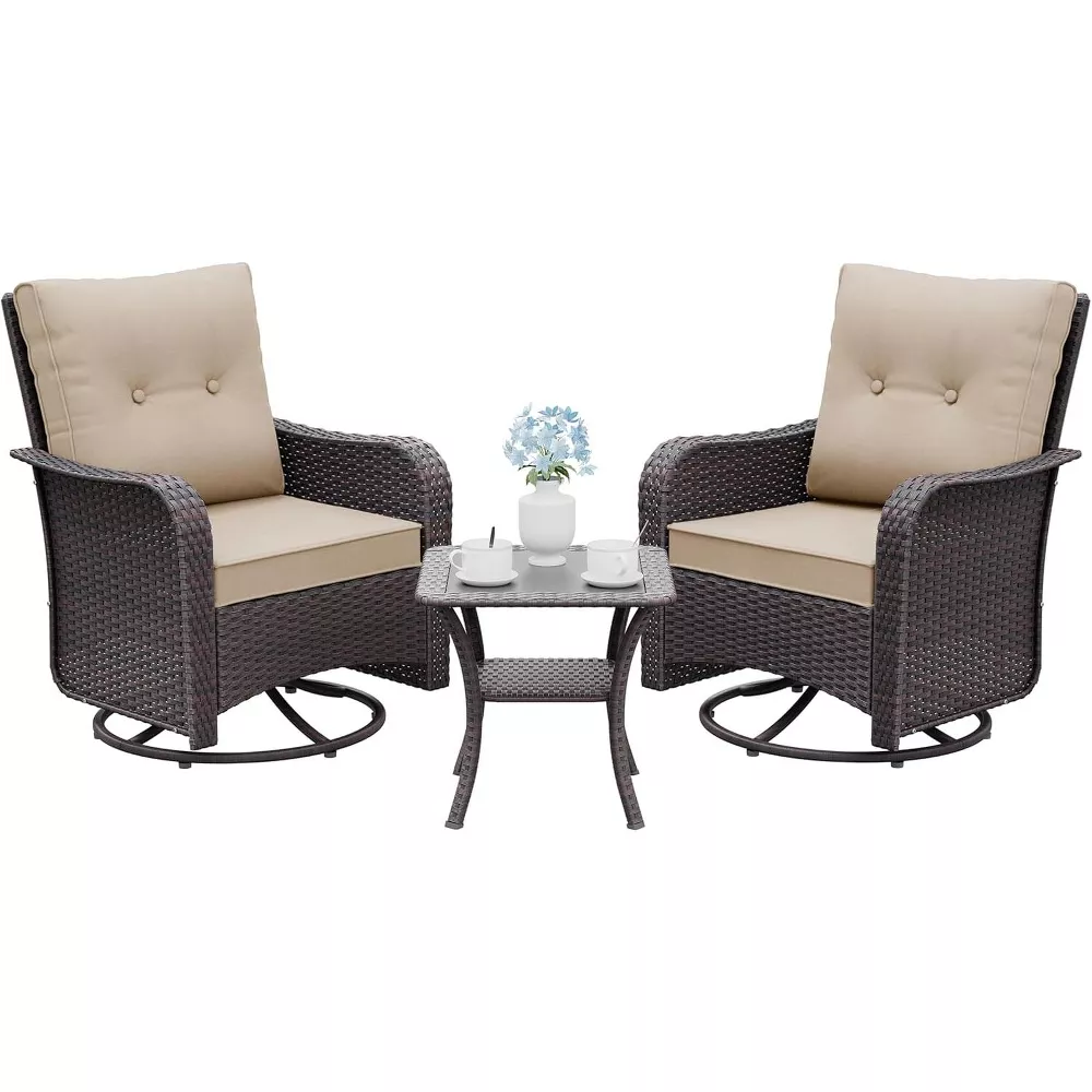 Kullavik 3PCS Wicker Rocking Chair Swivel Chairs, Patio Furniture Set Rattan Rocking Bistro Sets with Coffee Table for Outdoor Porch Deck Garden Backyard,Sand