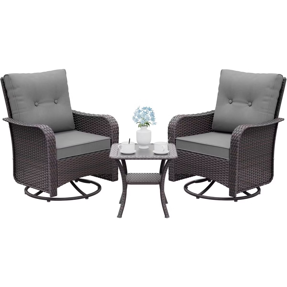 Kullavik 3PCS Wicker Rocking Chair Swivel Chairs, Patio Furniture Set Rattan Rocking Bistro Sets with Coffee Table for Outdoor Porch Deck Garden Backyard,Sand