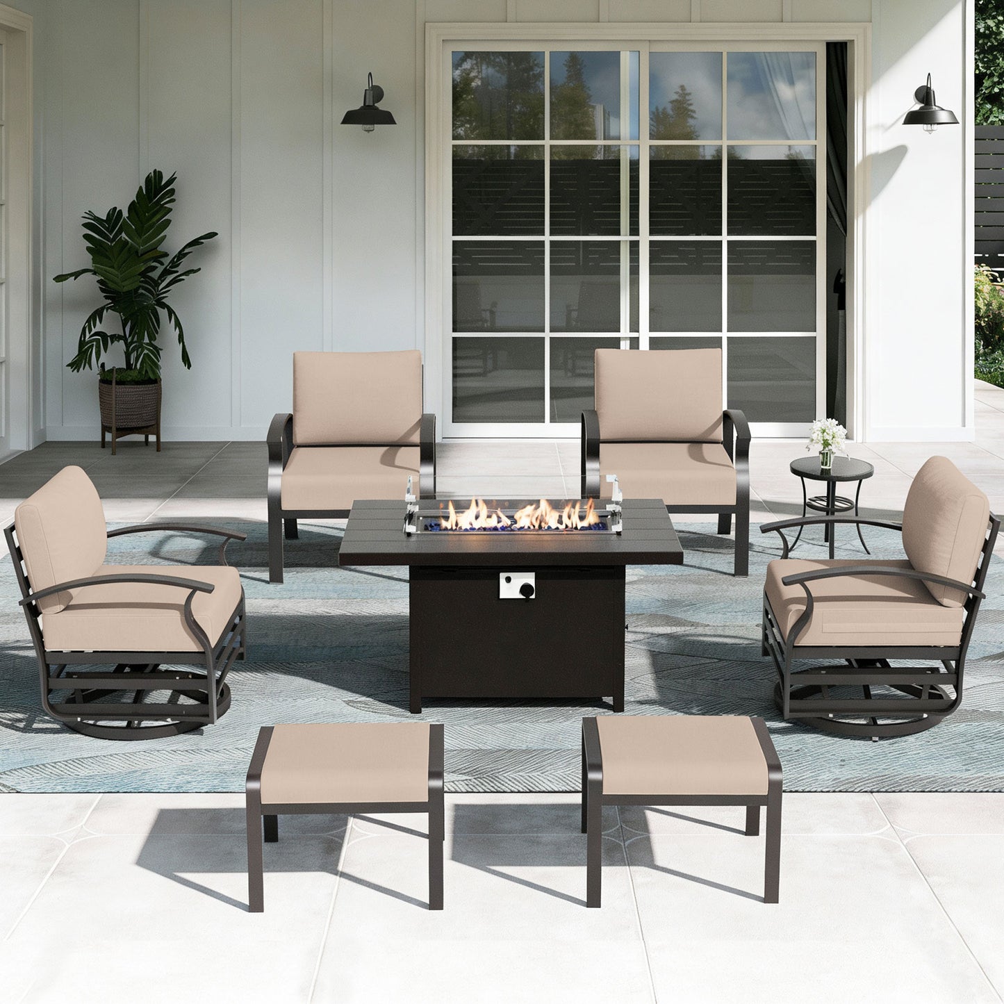 ALAULM 6-Seat Aluminum Patio Furniture Set, Outdoor Patio Conversation Set with Propane Fire Pit Table and 5.1" Cushions for Patio Backyard Poolside, Sand