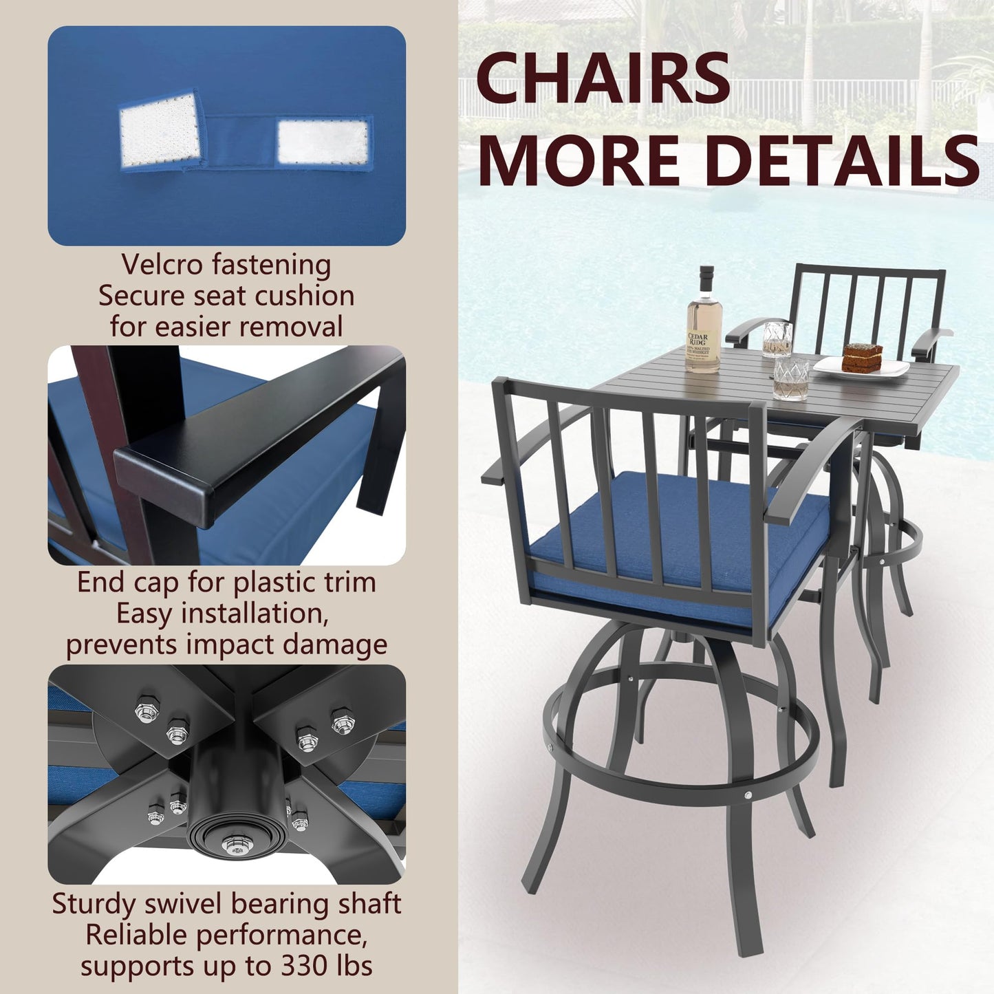 ALAULM 5 Pieces Outdoor Swivel Bar Stools Set, All Weather Metal Patio High Top Bistro Set with 4 Cushioned Chairs and Table for Garden Deck Lawn