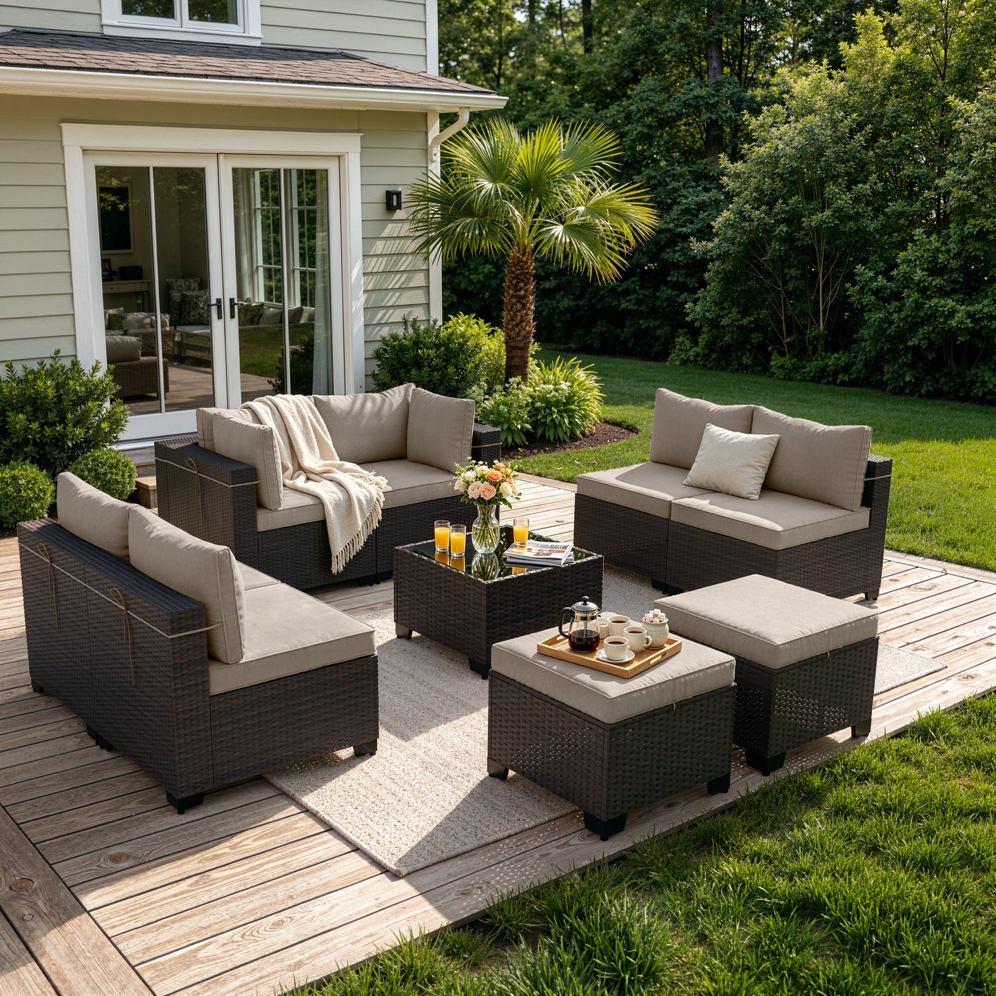 ALAULM 9PCS Outdoor Conversation Set, Thick Backrest Patio PE Rattan Wicker Sectional Sofas with Ottoman for Backyard, Porch, Sand