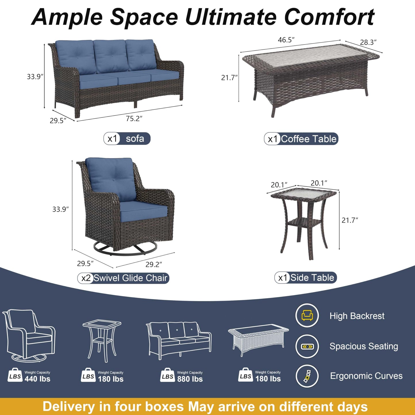 ALAULM 5-Piece Patio Furniture Set, Outdoor Thick Wicker High Back Sectional Set with 3-Seater Sofa, Swivel Chairs and Square Coffee Table for Yard Patio