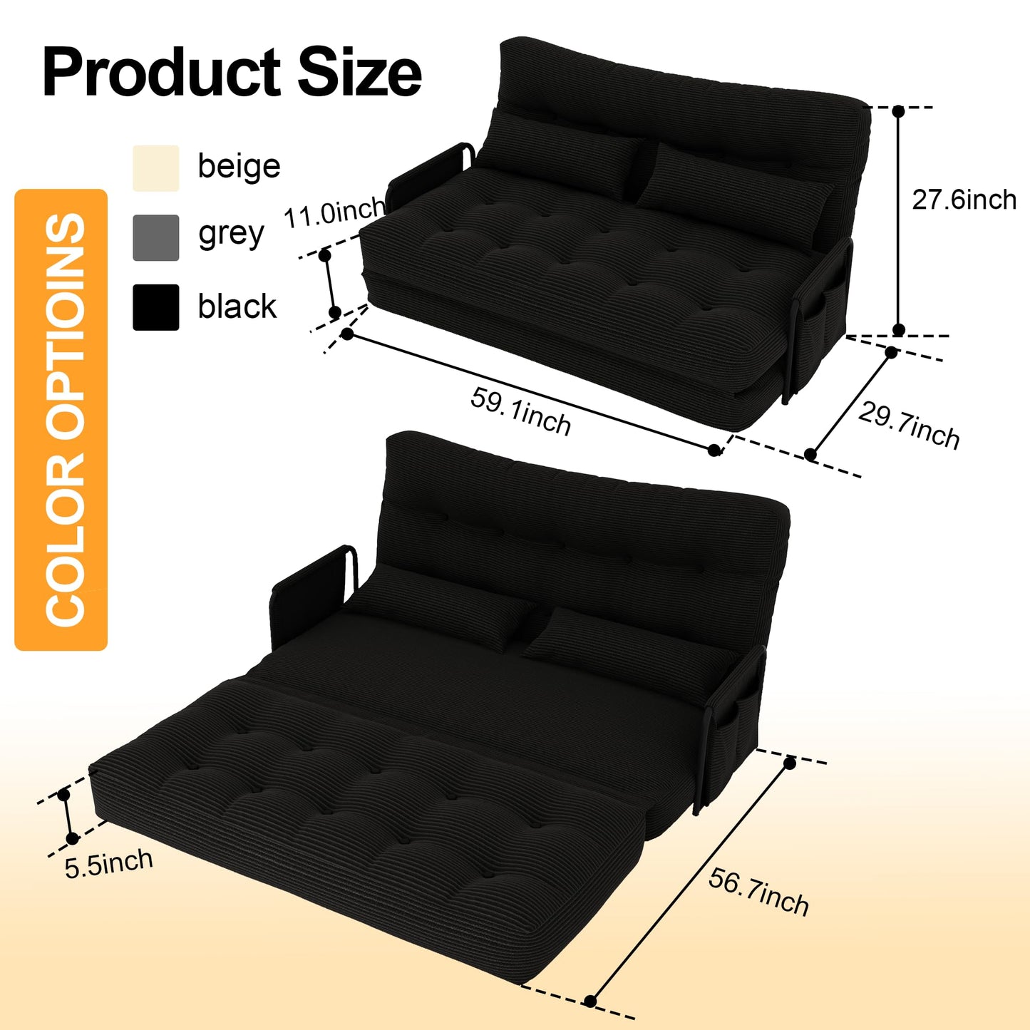 ALAULM Modern Two-Seater Folding Sofa Bed Convertible Sleeper Couch with Pillows, Storage Side, Versatile Floor Couch for Living Room Bedroom, White | Foldable, Comfortable, Multiple Usage