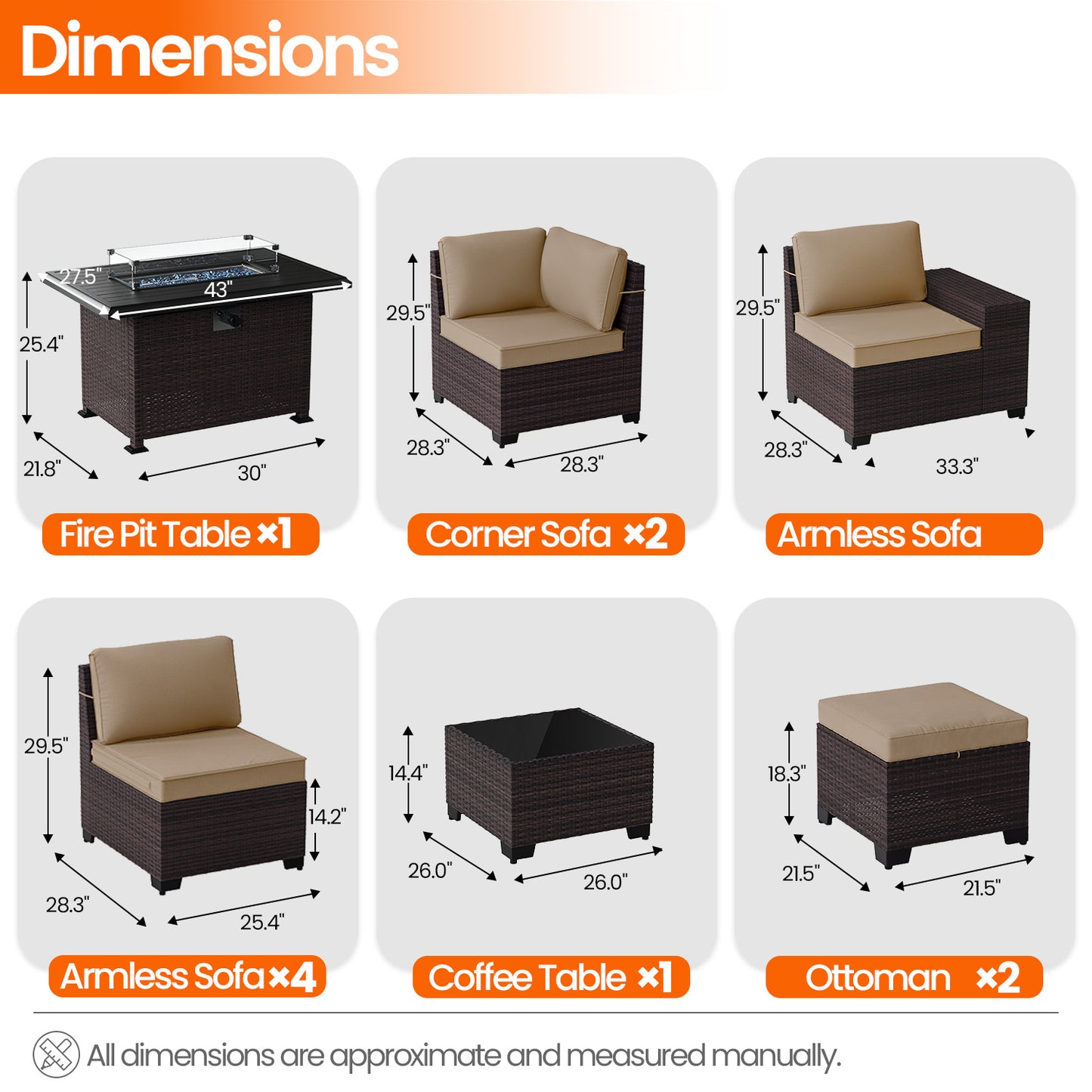 ALAULM 8PCS Outdoor Conversation Set, Wide Armrest Patio PE Rattan Wicker Sectional Sofas with Ottoman for Backyard, Porch, Sand