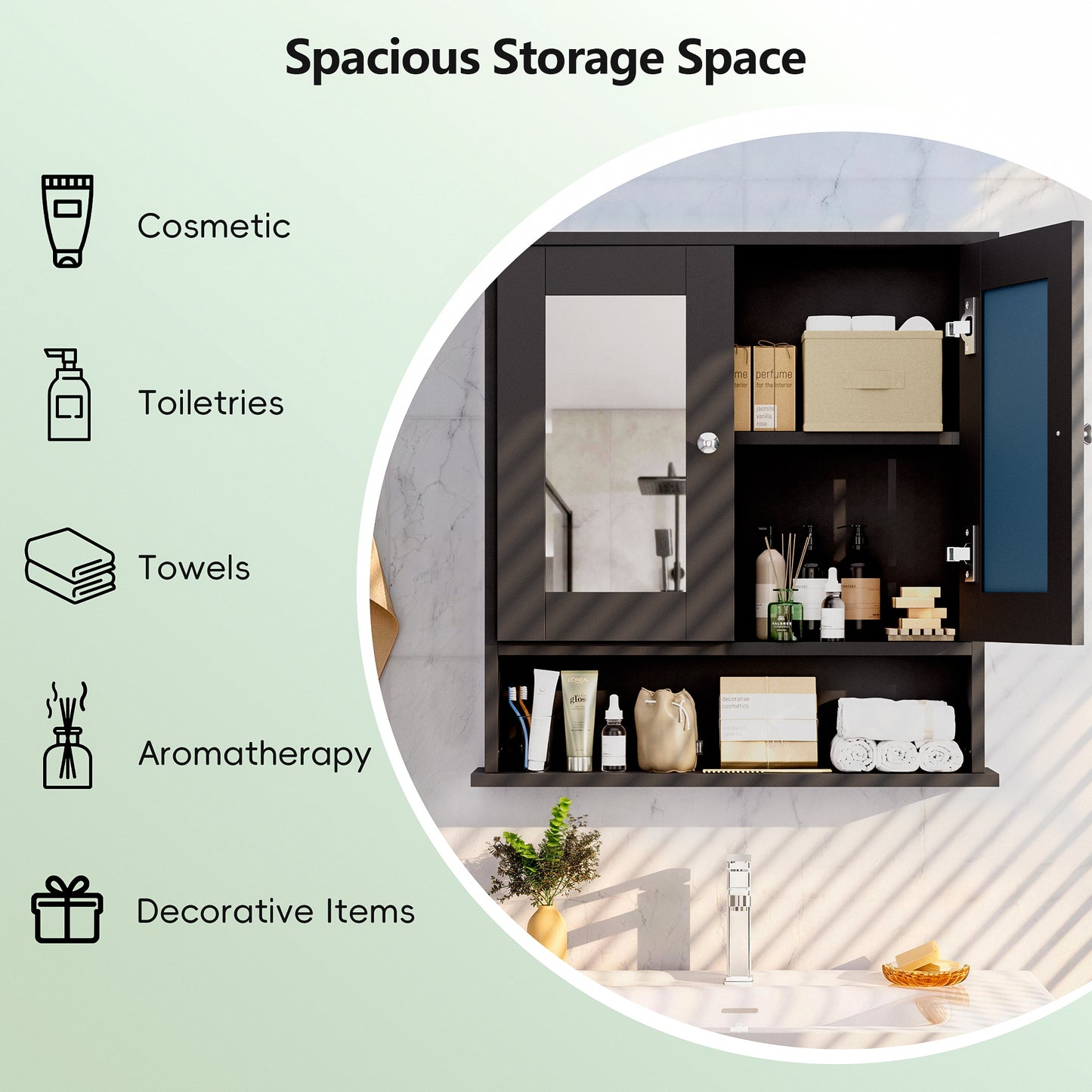 ASJMR Bathroom Wall Cabinet with Mirror, Bathroom Medicine Cabinet with 2 Doors , Wall-mounted Storage Cabinet with Adjustable Shelves (Suitable for Bathrooms, Laundry Rooms and Kitchens), Black
