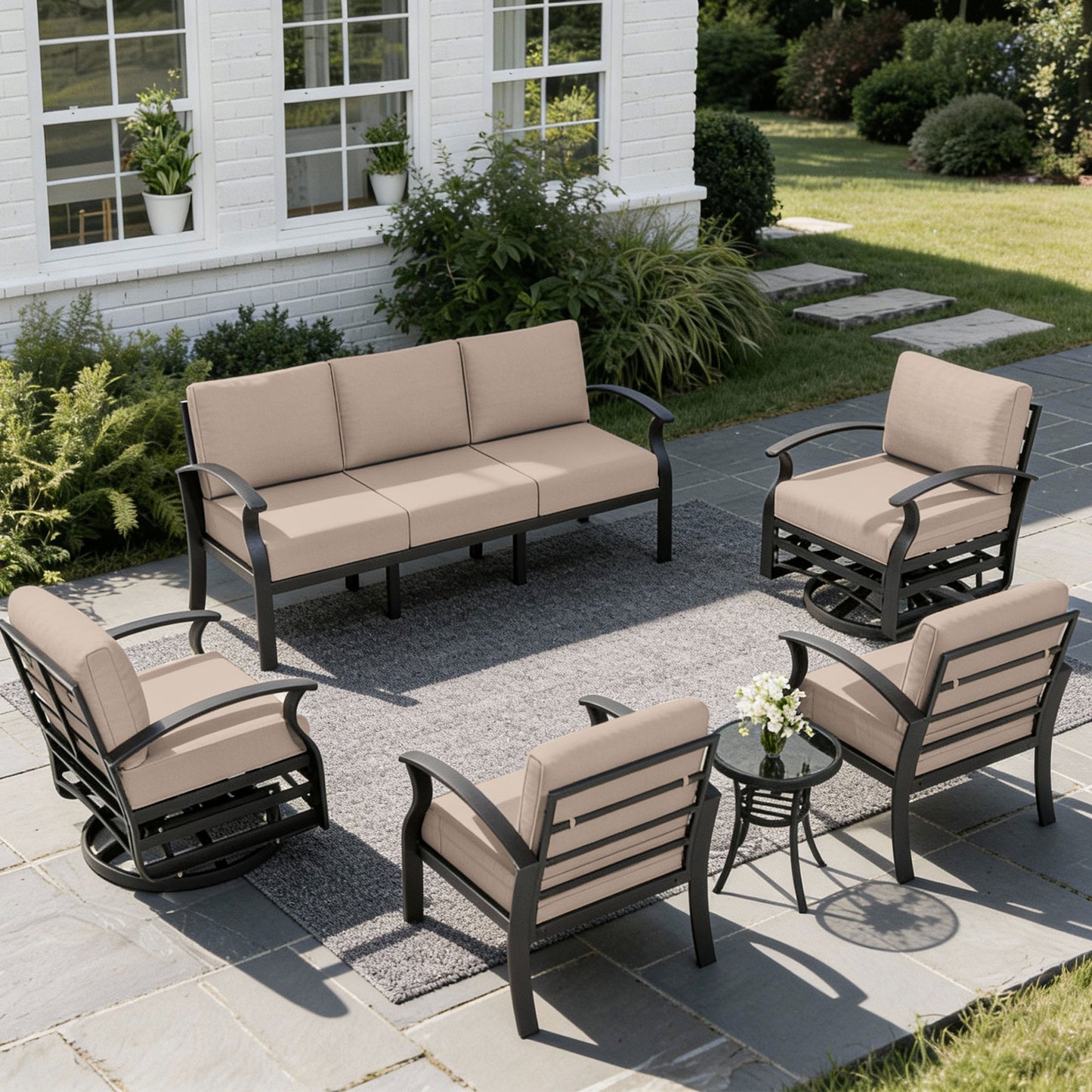ALAULM 7-Seat Aluminum Patio Furniture Set, Outdoor Patio Conversation Set with 2 Swivel Glider Chairs and 5.1" Cushions for Patio Backyard Poolside