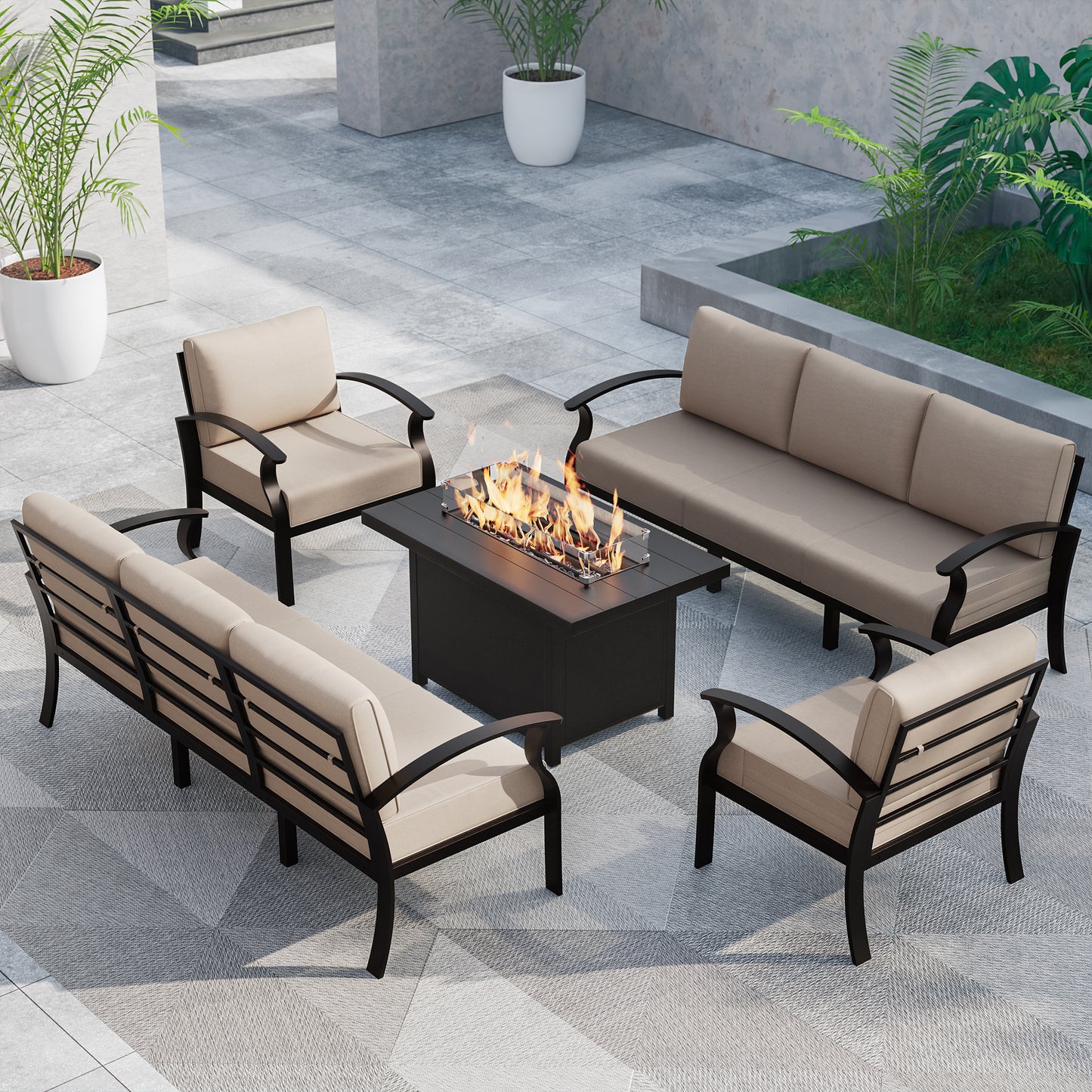 ALAULM Aluminum Patio Furniture Set with Propane Fire Pit Table 8-seat Metal Outdoor Furniture w/Fire Pit