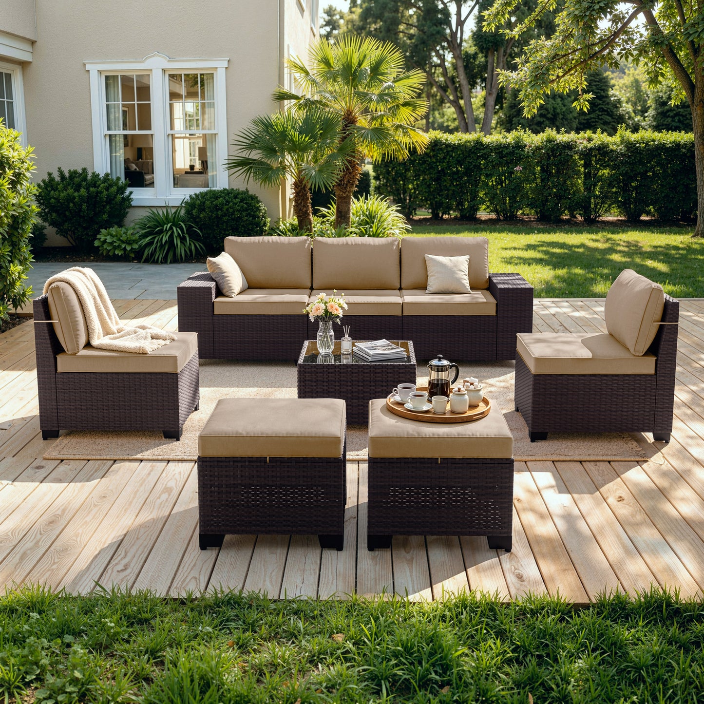 ALAULM 8PCS Outdoor Conversation Set, Wide Armrest Patio PE Rattan Wicker Sectional Sofas with Ottoman for Backyard, Porch, Sand
