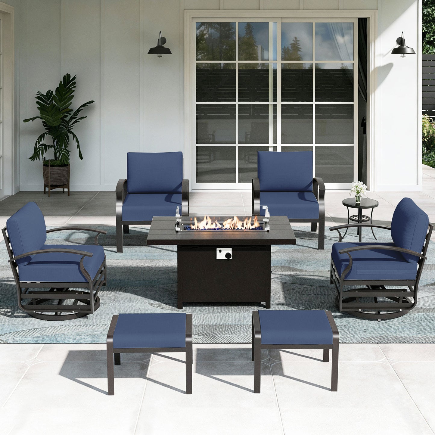 ALAULM 6-Seat Aluminum Patio Furniture Set, Outdoor Patio Conversation Set with Propane Fire Pit Table and 5.1" Cushions for Patio Backyard Poolside, Sand