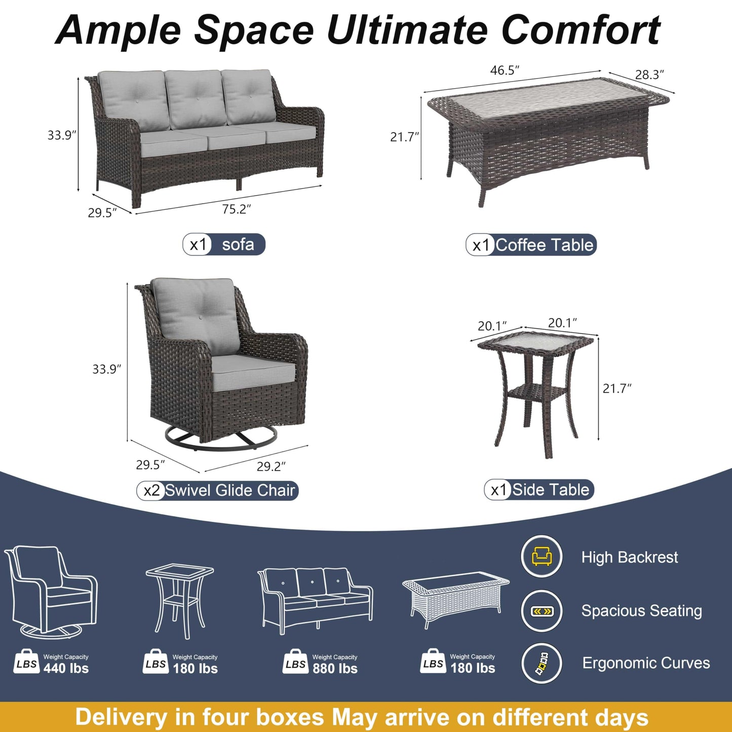 ALAULM 5-Piece Patio Furniture Set, Outdoor Thick Wicker High Back Sectional Set with 3-Seater Sofa, Swivel Chairs and Square Coffee Table for Yard Patio