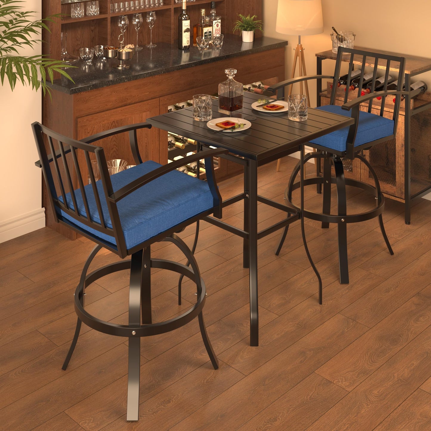 ALAULM 5 Pieces Outdoor Swivel Bar Stools Set, All Weather Metal Patio High Top Bistro Set with 4 Cushioned Chairs and Table for Garden Deck Lawn