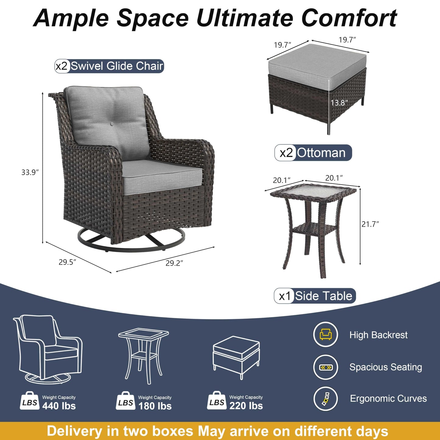 ALAULM 5-Piece Patio Furniture Set, Outdoor Thick Wicker Conversation Set with Swivel Chairs and Ottomans, High Back Wicker Sectional Sofa Couch for Backyard Porch Deck