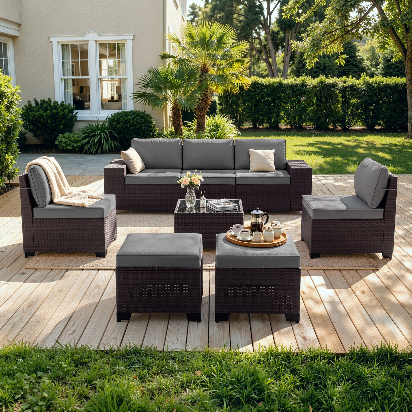 ALAULM 8PCS Outdoor Conversation Set, Wide Armrest Patio PE Rattan Wicker Sectional Sofas with Ottoman for Backyard, Porch, Sand