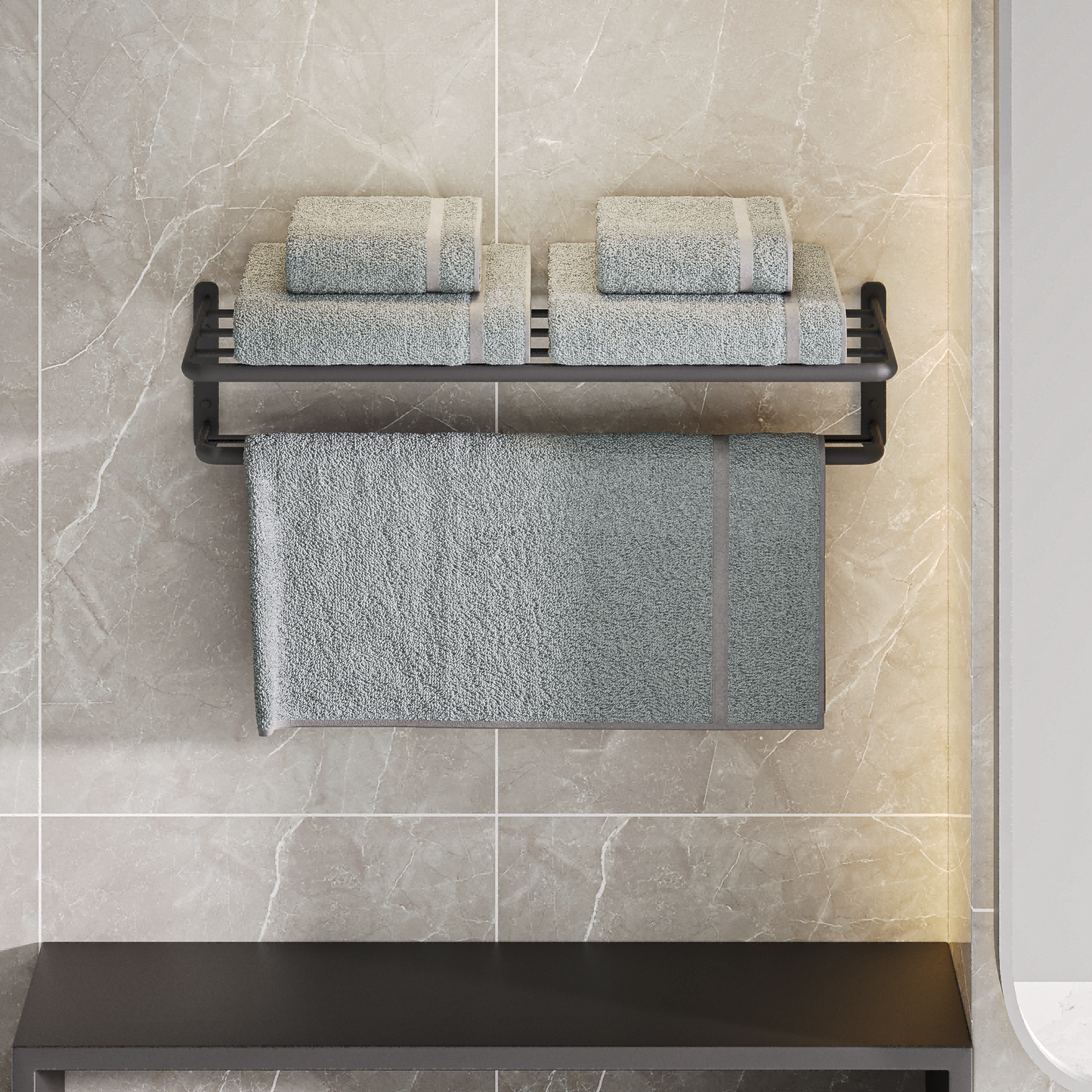 ALAULM Aluminum Alloy Bathroom Towel Shelf with Double Bars, 21" Double Towel Shelf for Bathroom, Wall Mounted Towel Holder, Towel Rod Towel Rail Hanger for Wall, Kitchen
