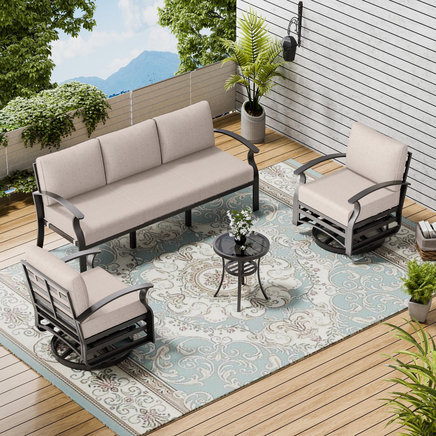 ALAULM Aluminum 5 Pieces Outdoor Patio Conversation Set, 1 Three-Seater Sofa & 2 Swivel Rocking Chairs with 5.1" High-Resilience Cushions for Patio Backyard Poolside