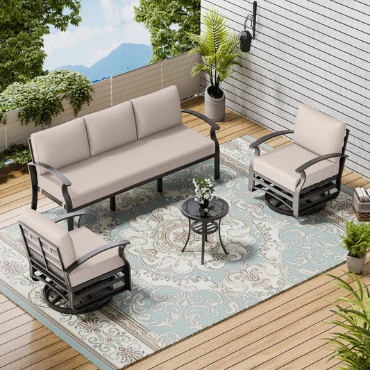 ALAULM Aluminum 5 Pieces Outdoor Patio Conversation Set, 1 Three-Seater Sofa & 2 Swivel Rocking Chairs with 5.1" High-Resilience Cushions for Patio Backyard Poolside