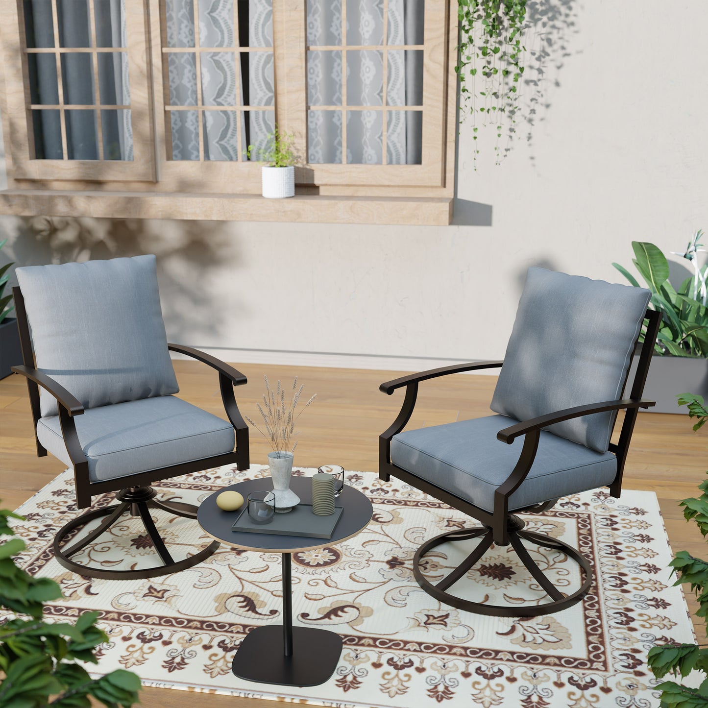 ALAULM Set of 2 Metal Swivel Rocking Patio Chairs, 360° Rotate & 15° Recline, Heavy-Duty Metal Frame Outdoor Dining Chairs with 3.2" cushion & Removable Covers (Sand)