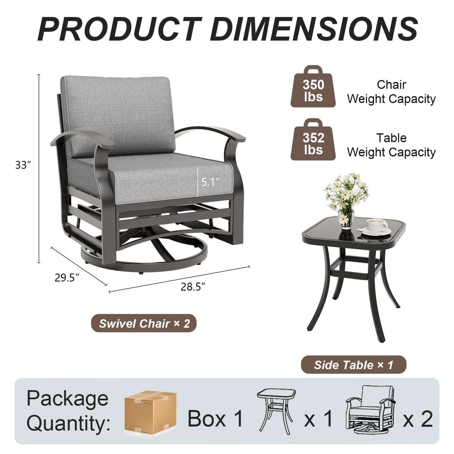 ALAULM 3 Pieces Patio Furniture Set, 2 Aluminum Outdoor Swivel Rocking Chairs with 5.1" Padded Removable Cushions & 1 Tempered Glass Coffee Table for Backyard Lawn Porch