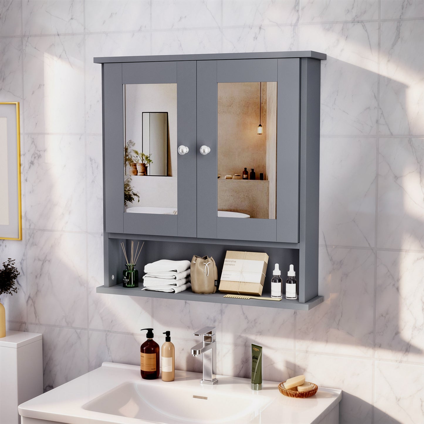 ASJMR Bathroom Wall Cabinet with Mirror, Bathroom Medicine Cabinet with 2 Doors , Wall-mounted Storage Cabinet with Adjustable Shelves (Suitable for Bathrooms, Laundry Rooms and Kitchens), Black