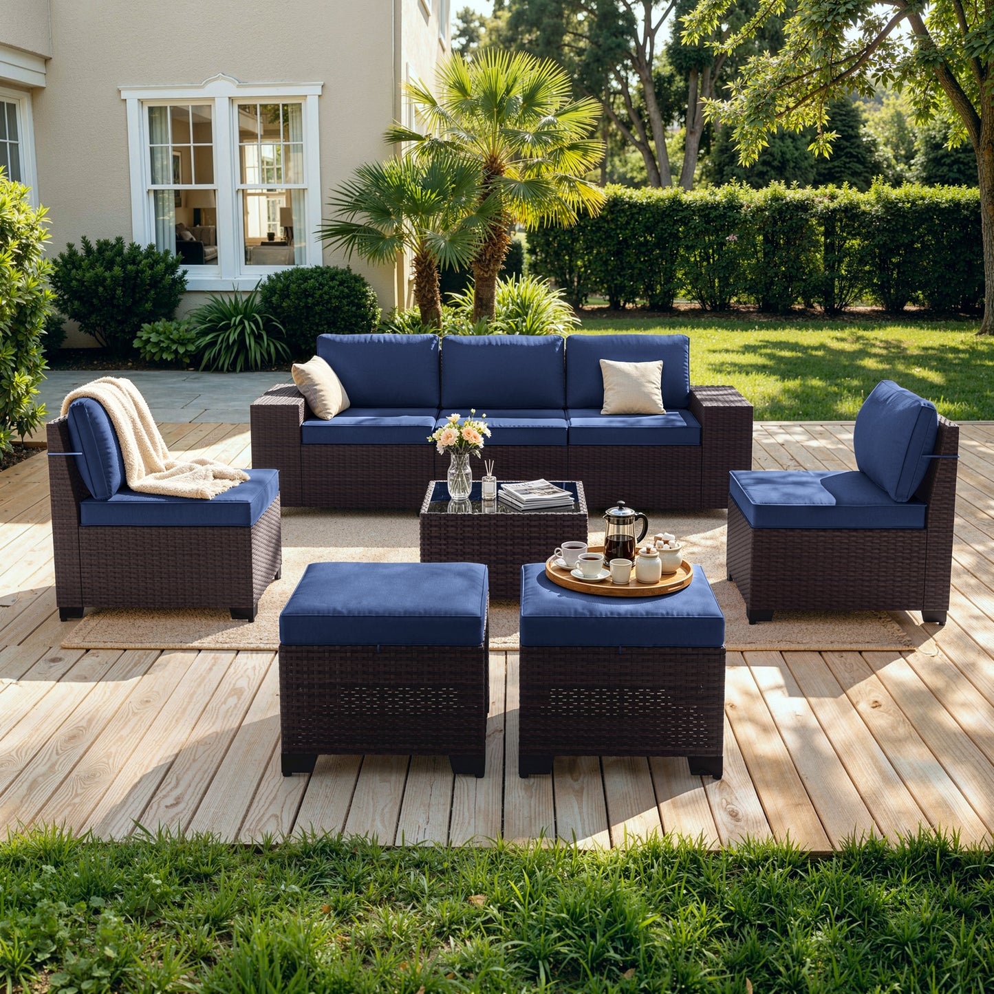 ALAULM 8PCS Outdoor Conversation Set, Wide Armrest Patio PE Rattan Wicker Sectional Sofas with Ottoman for Backyard, Porch, Sand