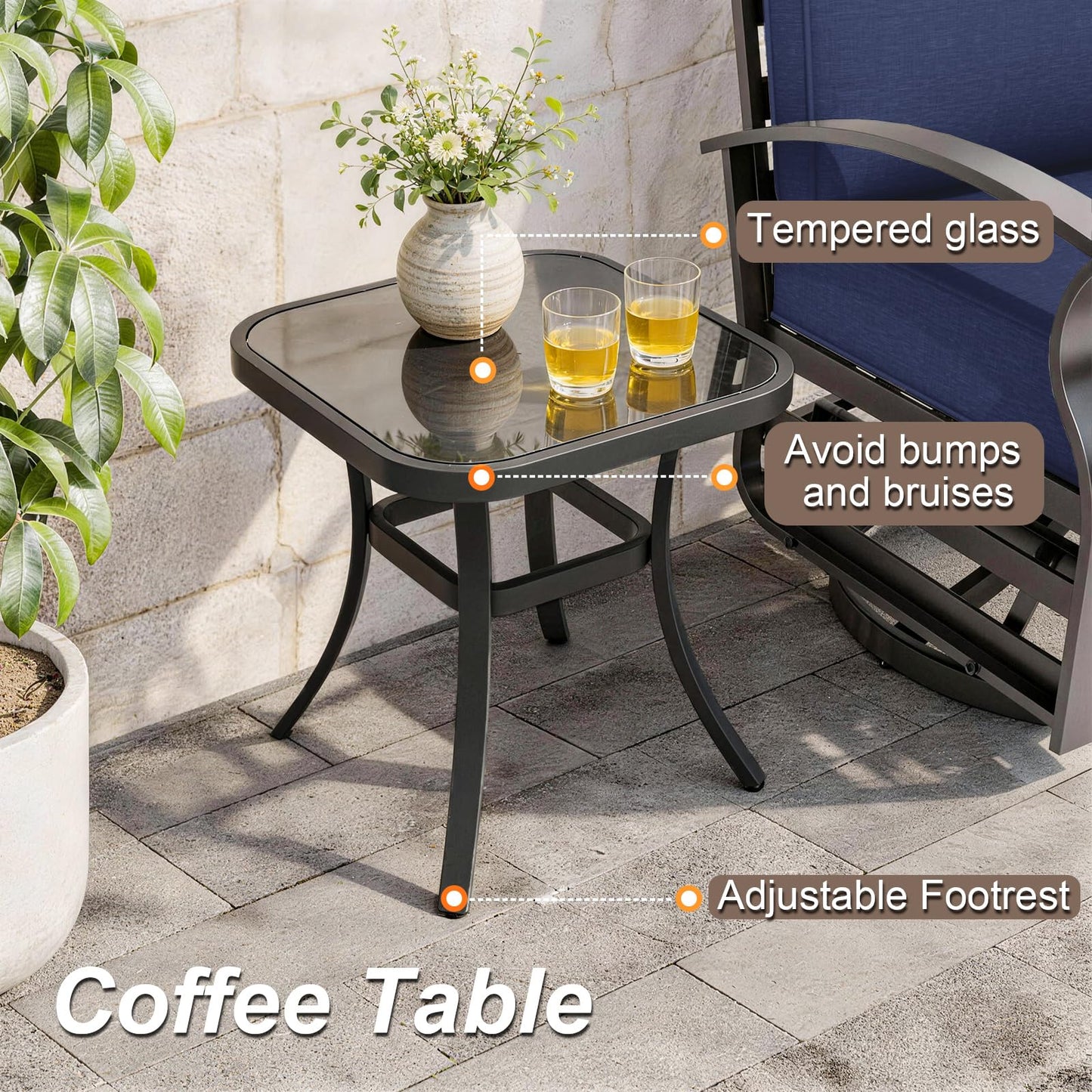 ALAULM 3 Pieces Patio Furniture Set, 2 Aluminum Outdoor Swivel Rocking Chairs with 5.1" Padded Removable Cushions & 1 Tempered Glass Coffee Table for Backyard Lawn Porch