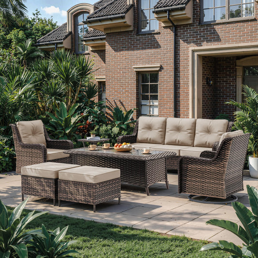 ALAULM 7 Pieces Patio Furniture Set,All-Weather Wicker High Back Outdoor Swivel Rocker Patio Chairs with Coffee Table & Thick Cushions,Paito Conversation Set for Porch,Deck