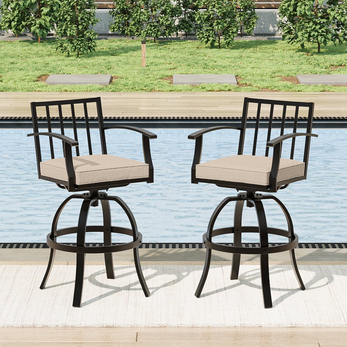 Gotland 3 Pieces Outdoor Swivel Bar Stools Set, All Weather Metal High Top Bistro Set Bar Height Table,High Top Bistro Stools with Sturdy Framewith 2 Chairs for Deck Lawn Garden,Sand