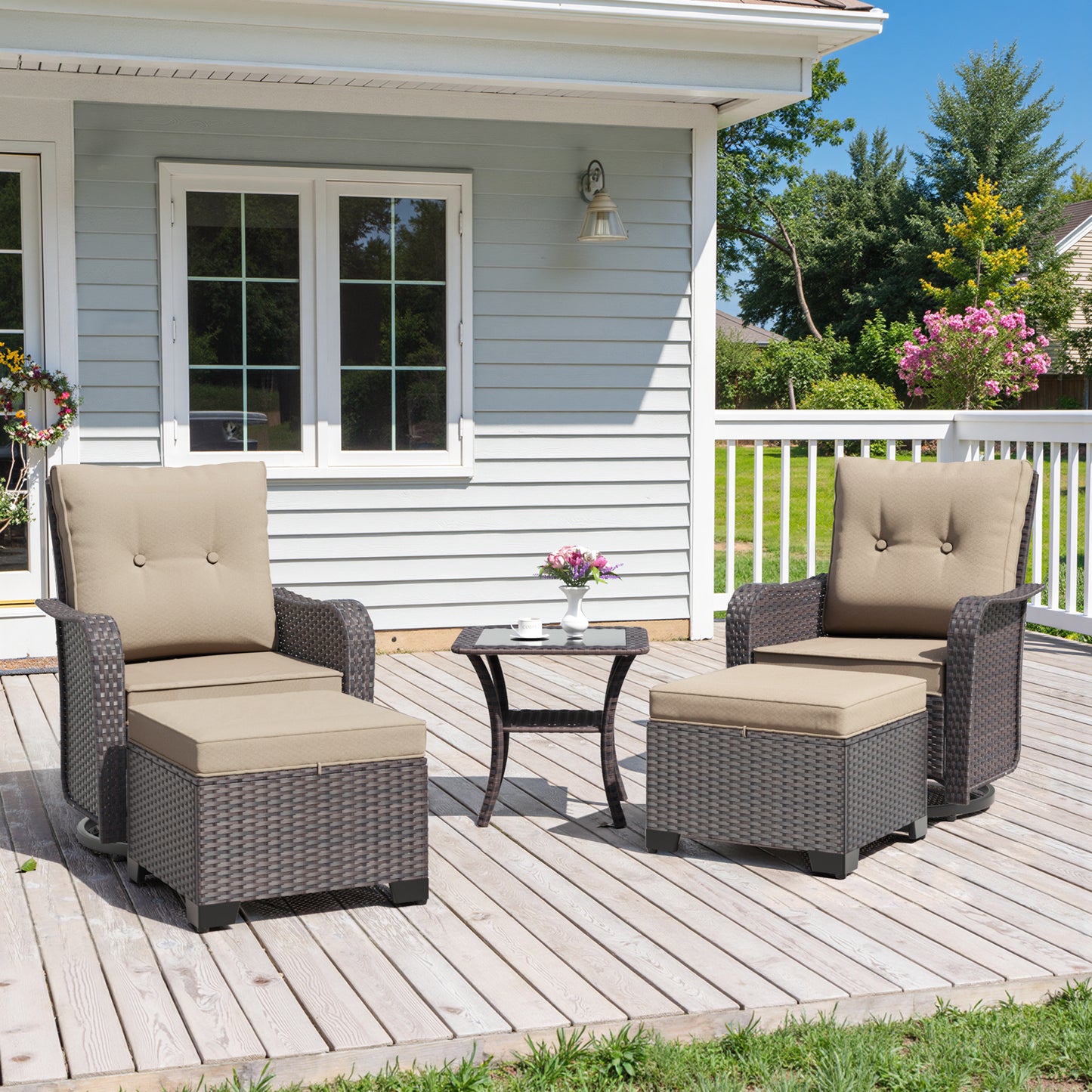ALAULM 5 Pieces Patio Furniture Set with 4" Thick Cushions, 2 High Back Outdoor Swivel Rocker Chairs with 2 Ottoman & Side Table, 5-Piece All Weather Chairs Set for Porch Deck Pool Yard