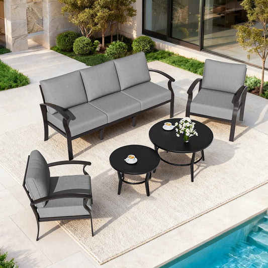 ALAULM 5-Seat Aluminum Patio Furniture Set, Outdoor Patio Conversation Set with 2 Round Metal Coffee Tables and 5.1" Cushions for Patio Backyard Poolside