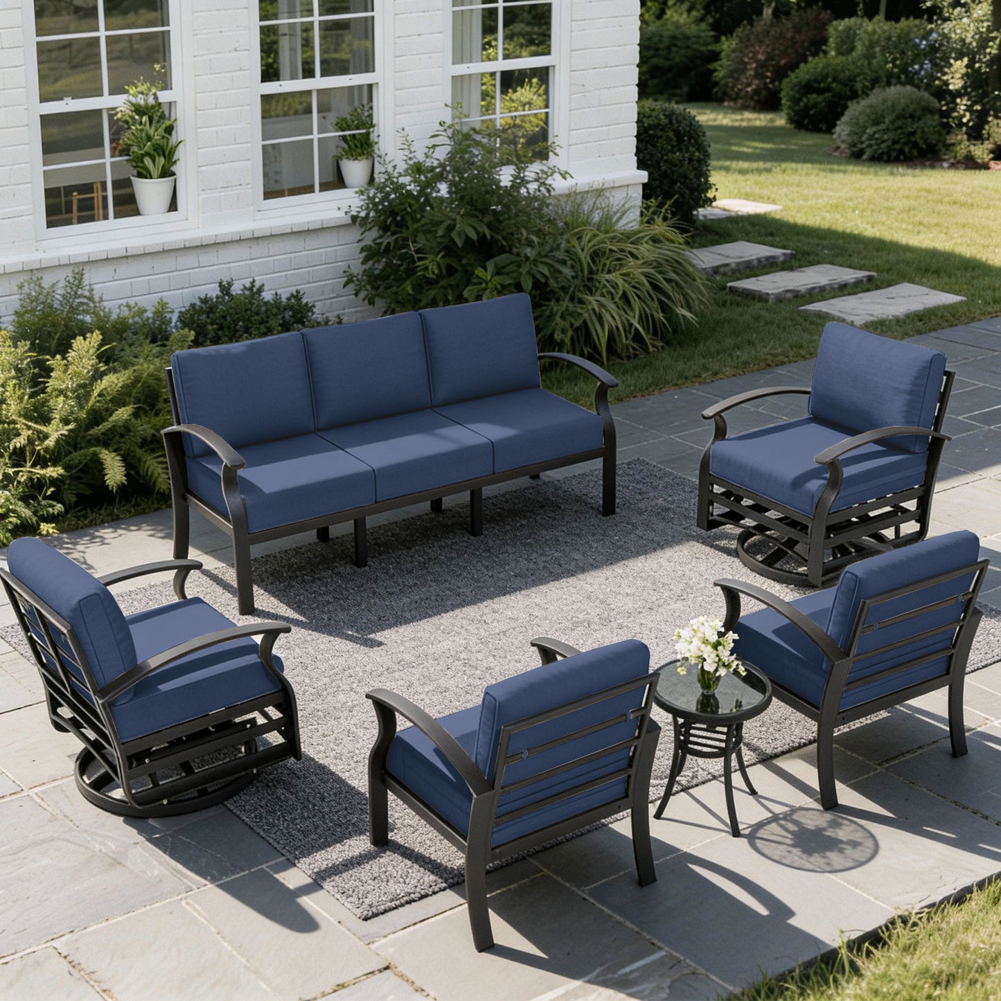 ALAULM 7-Seat Aluminum Patio Furniture Set, Outdoor Patio Conversation Set with 2 Swivel Glider Chairs and 5.1" Cushions for Patio Backyard Poolside