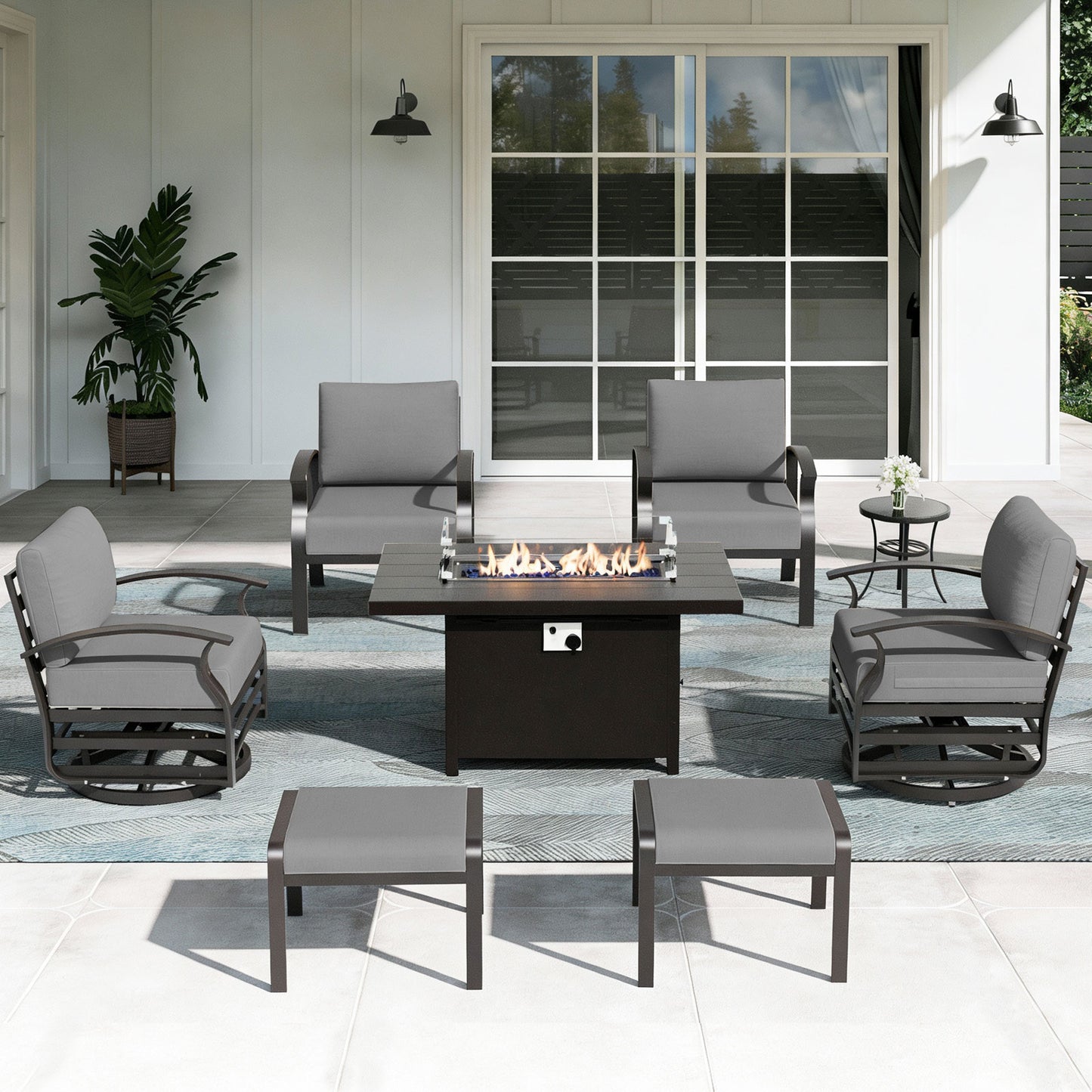 ALAULM 6-Seat Aluminum Patio Furniture Set, Outdoor Patio Conversation Set with Propane Fire Pit Table and 5.1" Cushions for Patio Backyard Poolside, Sand