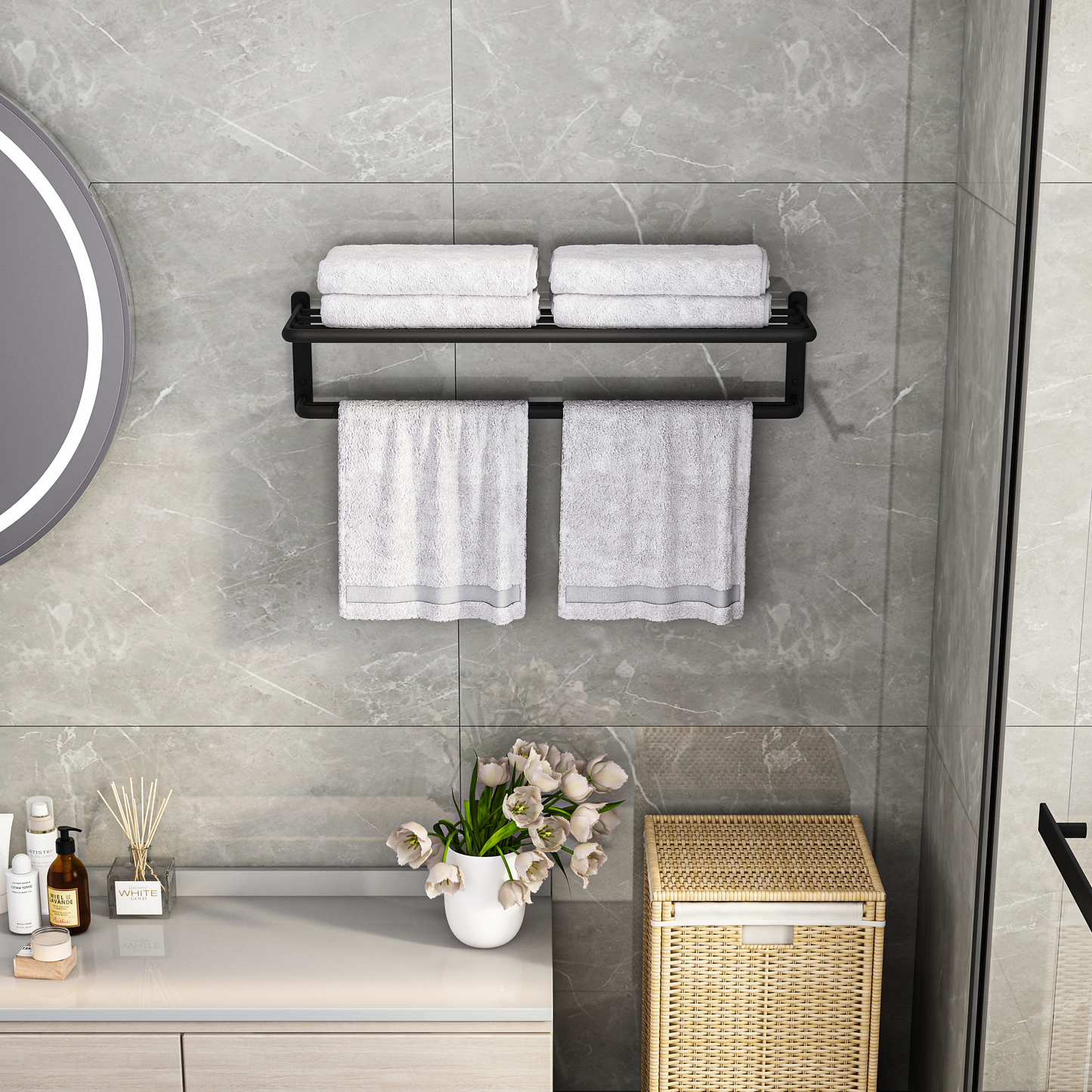 ALAULM Aluminum Alloy Bathroom Towel Shelf with Double Bars, 21" Double Towel Shelf for Bathroom, Wall Mounted Towel Holder, Towel Rod Towel Rail Hanger for Wall, Kitchen