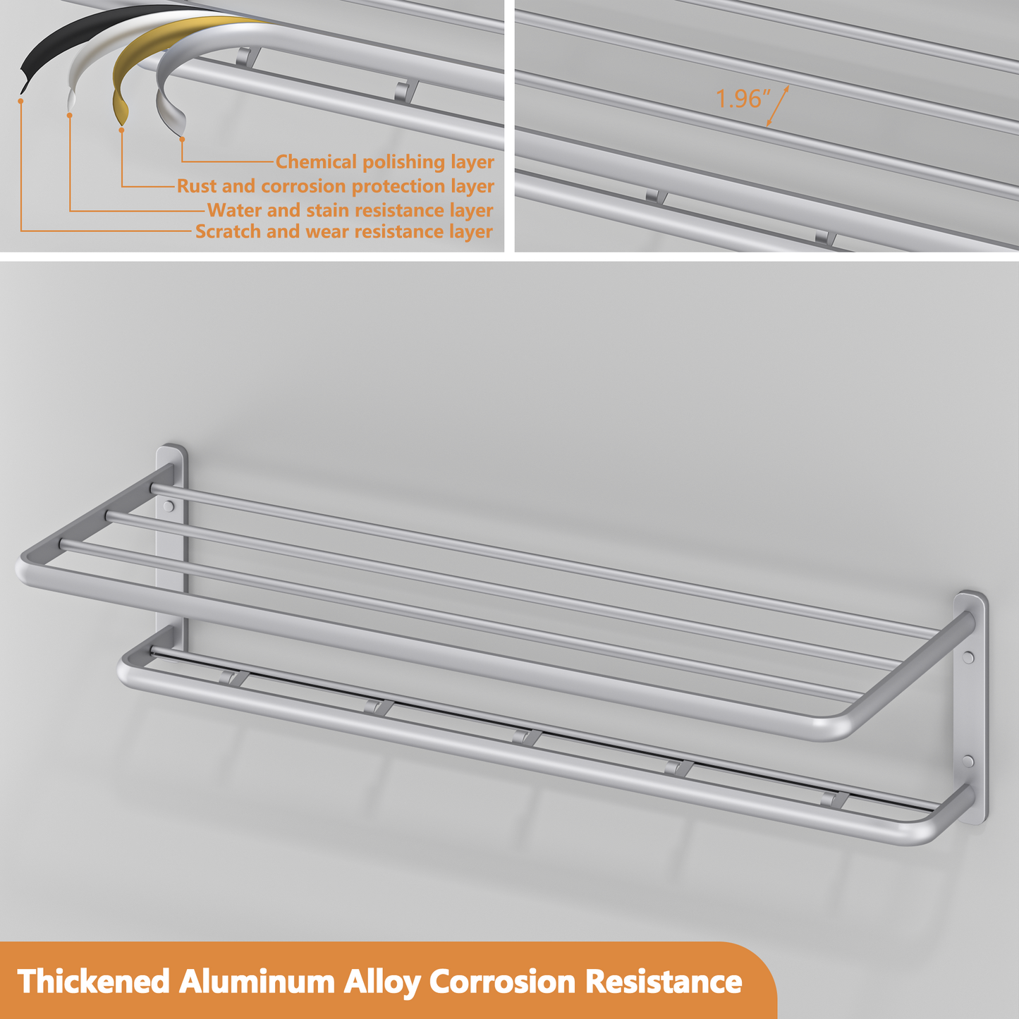ALAULM Aluminum Alloy Bathroom Towel Shelf with Double Bars, 21" Double Towel Shelf for Bathroom, Wall Mounted Towel Holder, Towel Rod Towel Rail Hanger for Wall, Kitchen