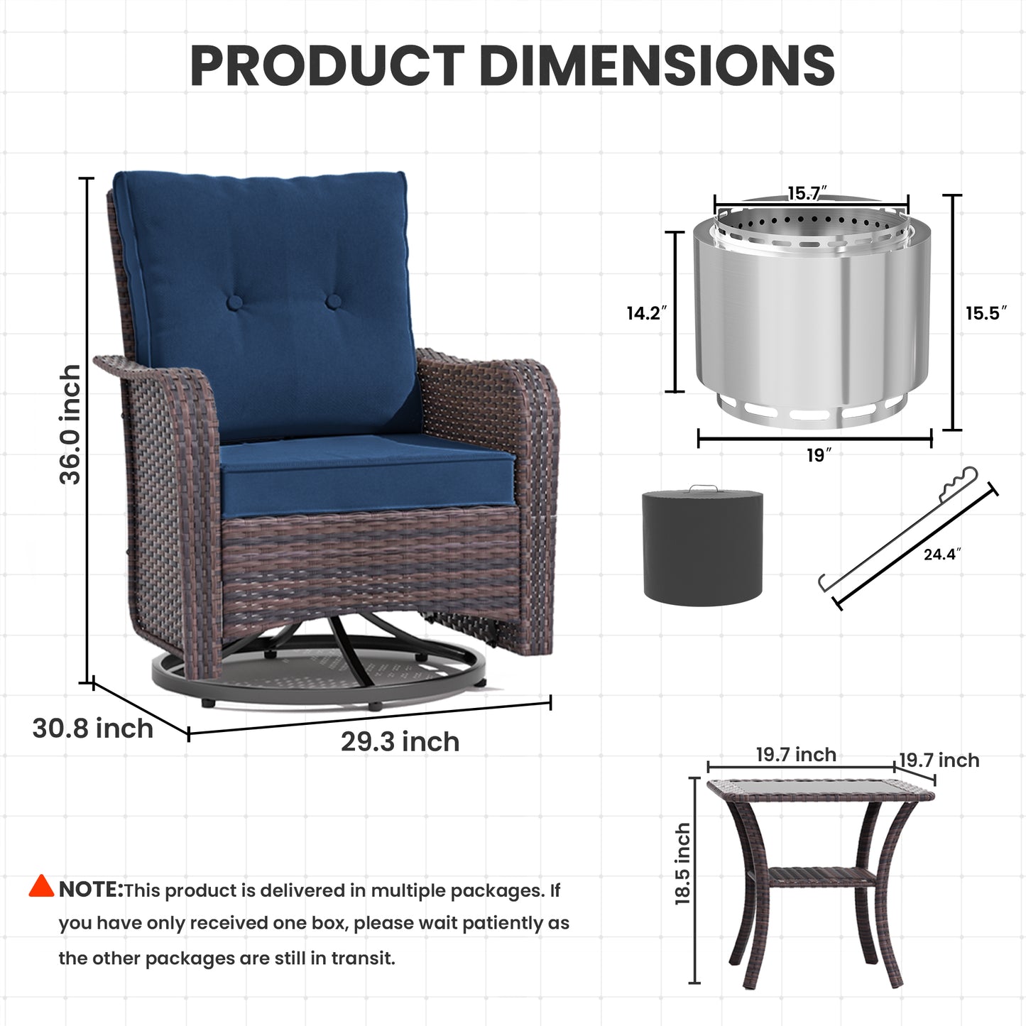 ALAULM 3PCS Outdoor Conversation Sets with 19" Smokeless Stove, Outdoor Swivel Glider Chair with Glass Top Side Table, Fire Pit Comes with Waterproof Cover and Fire Poker, for Porch Backyard
