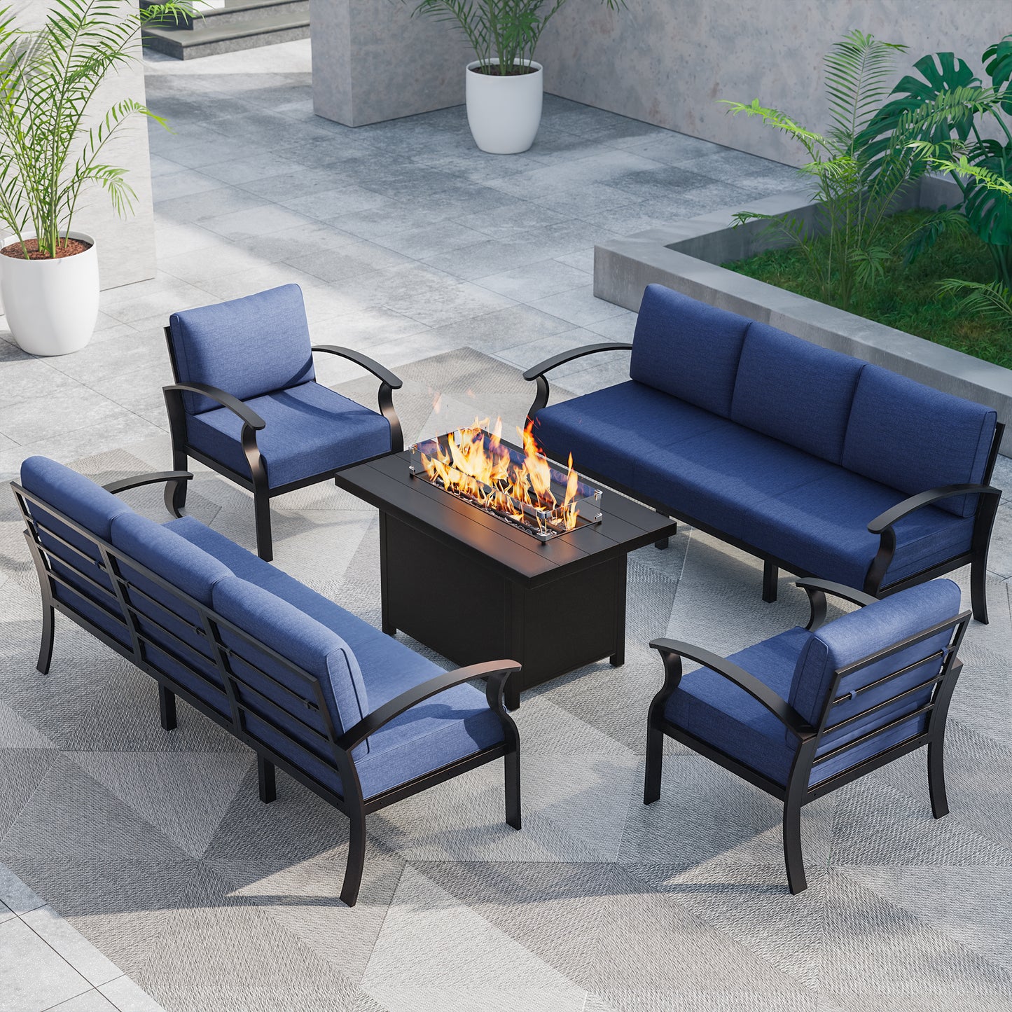 ALAULM Aluminum Patio Furniture Set with Propane Fire Pit Table 8-seat Metal Outdoor Furniture w/Fire Pit