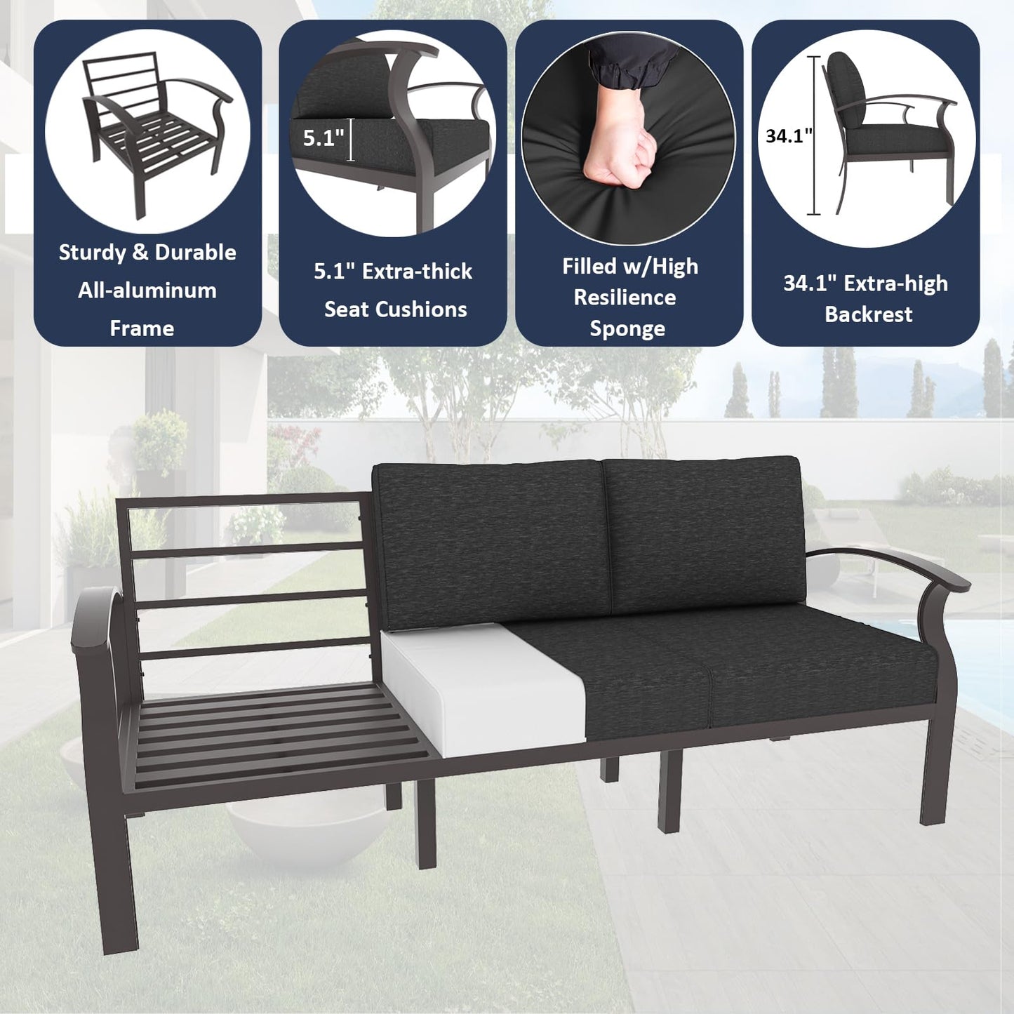 ALAULM Aluminum 3-Seat Patio Furniture Set, Outdoor Patio Conversation Set with 5.1" Cushions for Patio Backyard Poolside