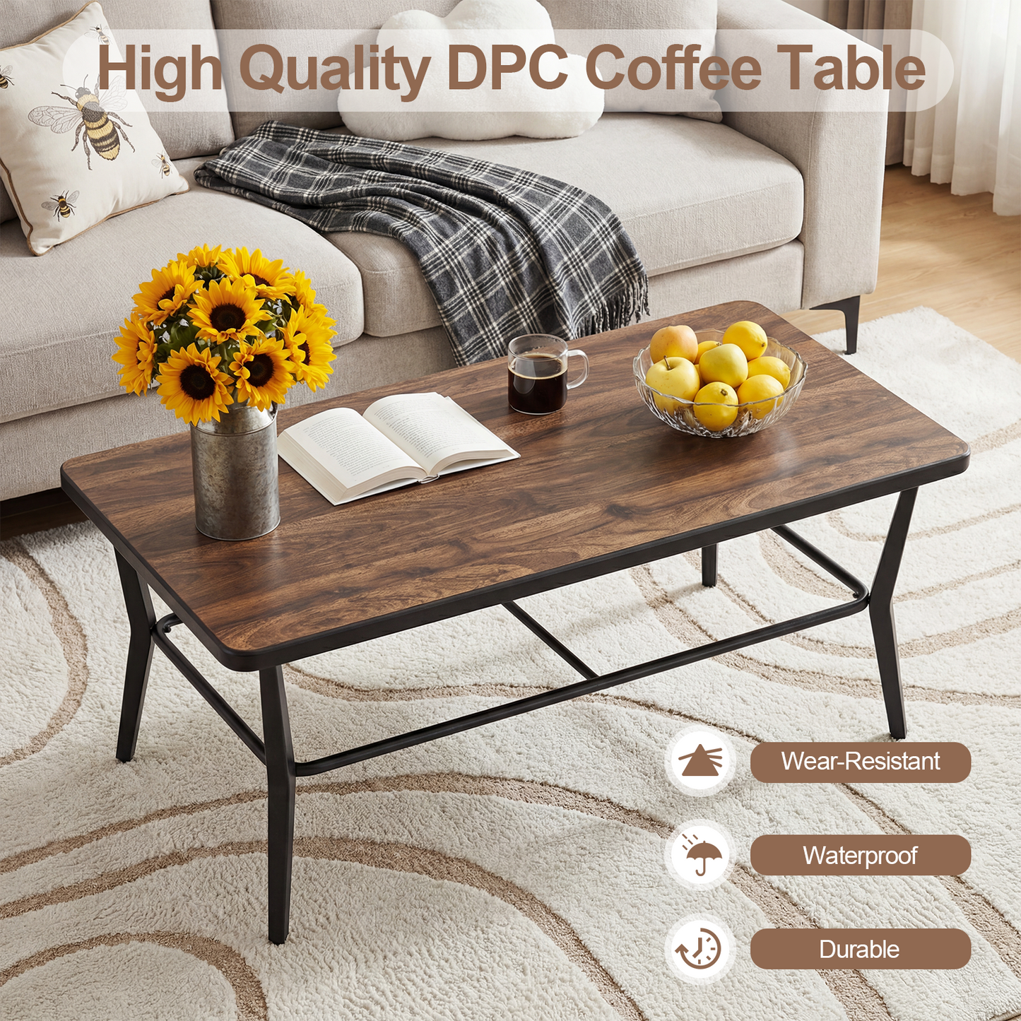 ALAULM Outdoor Coffee Table, 47" Rectangle Metal Patio Coffee Table with DPC Stone-Plastic Top, All-Weather Coffee Table for Patio, Garden, Balcony, Poolside