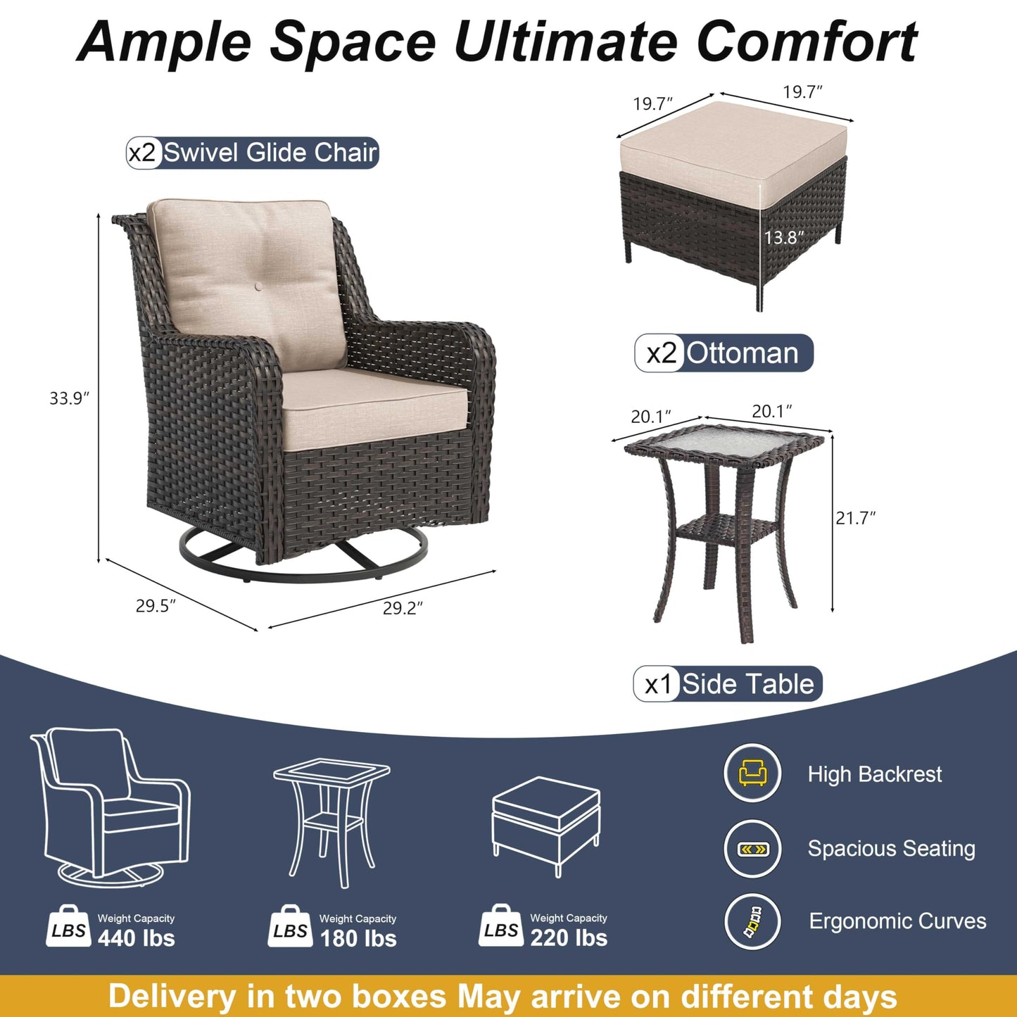 ALAULM 5-Piece Patio Furniture Set, Outdoor Thick Wicker Conversation Set with Swivel Chairs and Ottomans, High Back Wicker Sectional Sofa Couch for Backyard Porch Deck