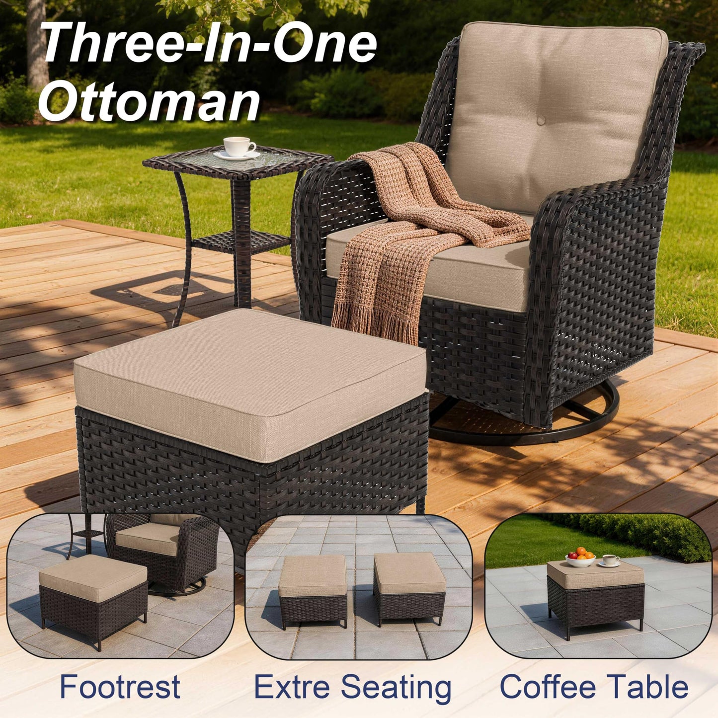 ALAULM 7-Piece Patio Furniture Set, Outdoor Thick Wicker High Back Conversation Set with 3-Seater Sofa, Swivel Chairs, Ottomans and Square Coffee Table for Yard Patio