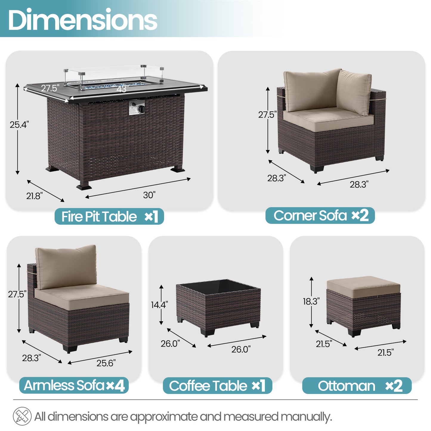 ALAULM 9PCS Outdoor Conversation Set, Thick Backrest Patio PE Rattan Wicker Sectional Sofas with Ottoman for Backyard, Porch, Sand