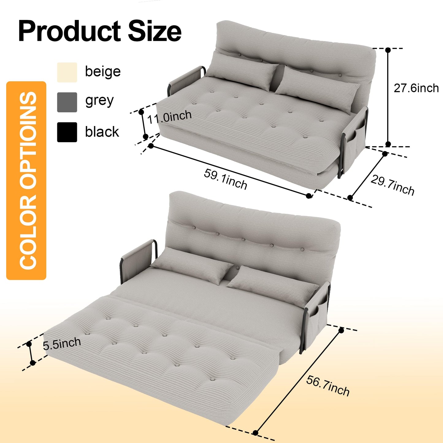 ALAULM Modern Two-Seater Folding Sofa Bed Convertible Sleeper Couch with Pillows, Storage Side, Versatile Floor Couch for Living Room Bedroom, White | Foldable, Comfortable, Multiple Usage