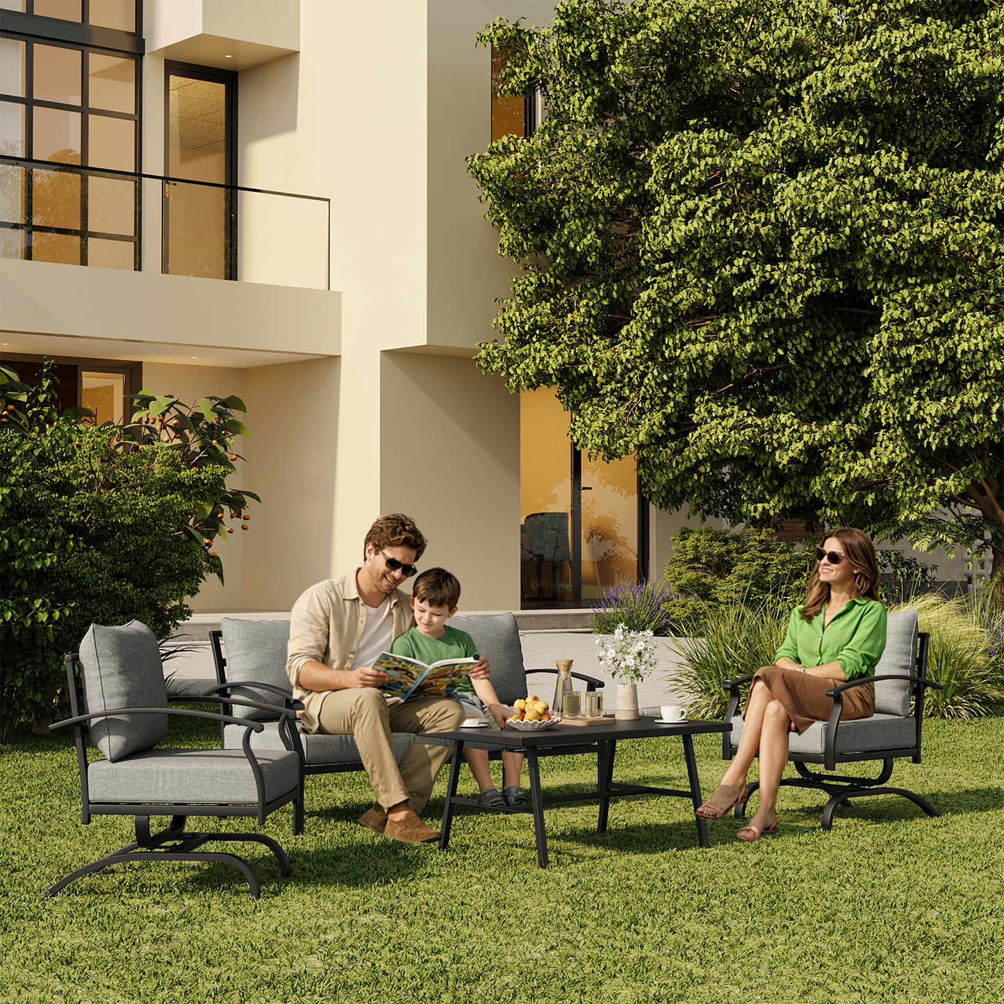 ALAULM 4 Piece Patio Furniture Set,Outdoor Metal Patio Furniture with Coffee Table & Rocking Chairs Conversation Set for Porch,Backyard,Poolside, Garden